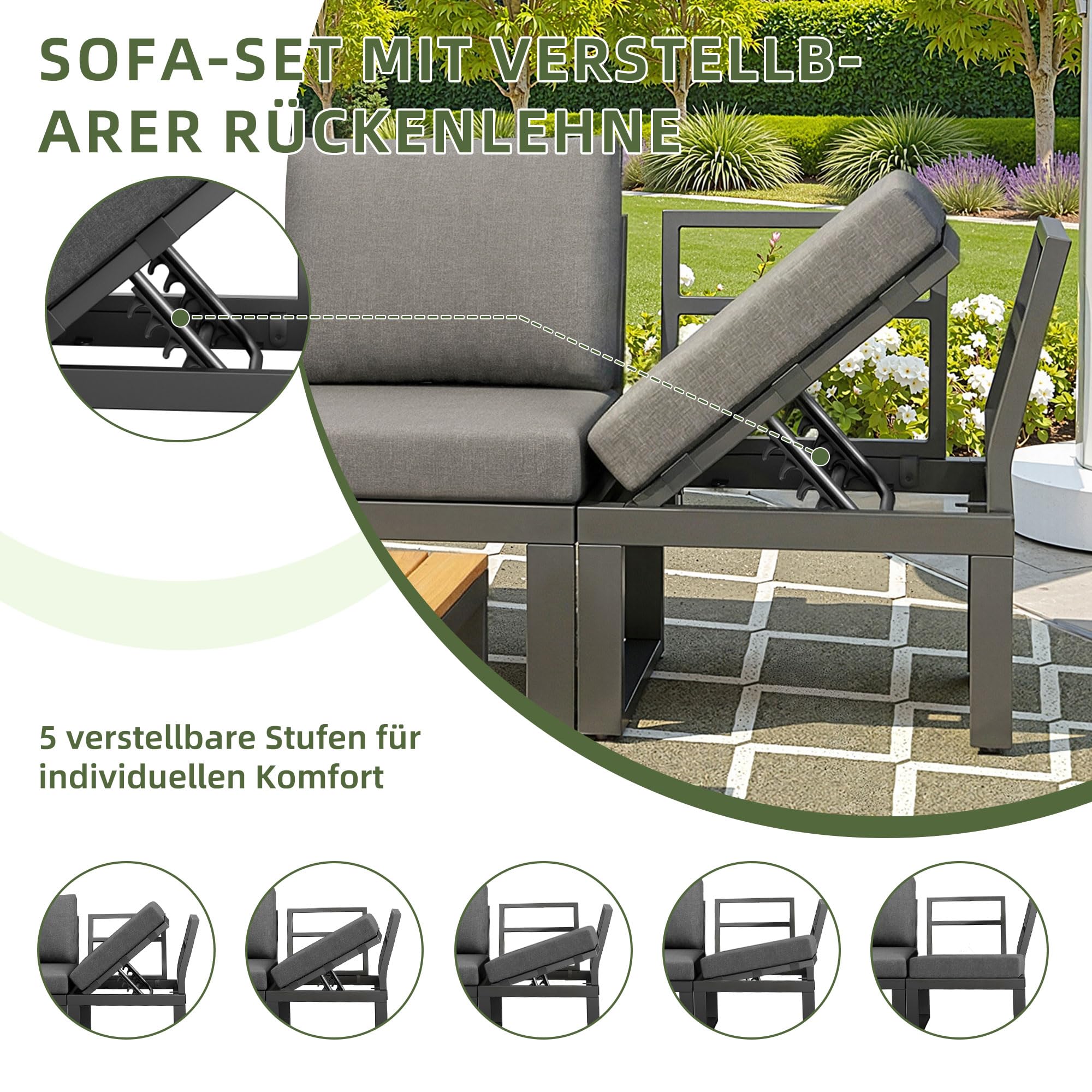 Kebnor Juego de salón de jardín de 6 piezas con respaldo ajustable, sofá esquinero con mesa de café y taburetes, estructura de acero resistente a la intemperie, cojines de asiento en gris/beige, para
