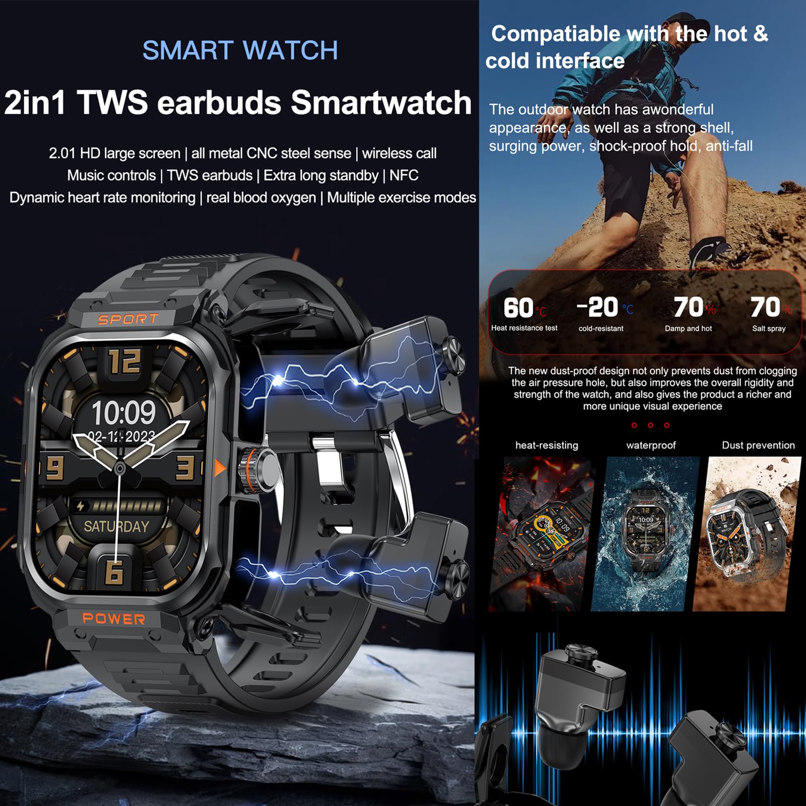 GT55 - Smartwatch militare con auricolari, robusto, tattico, con cuffie TWS, Bluetooth, chiamate, sport, attività all'aperto, fitness, monitoraggio della salute, orologio musicale per iPhone e Android