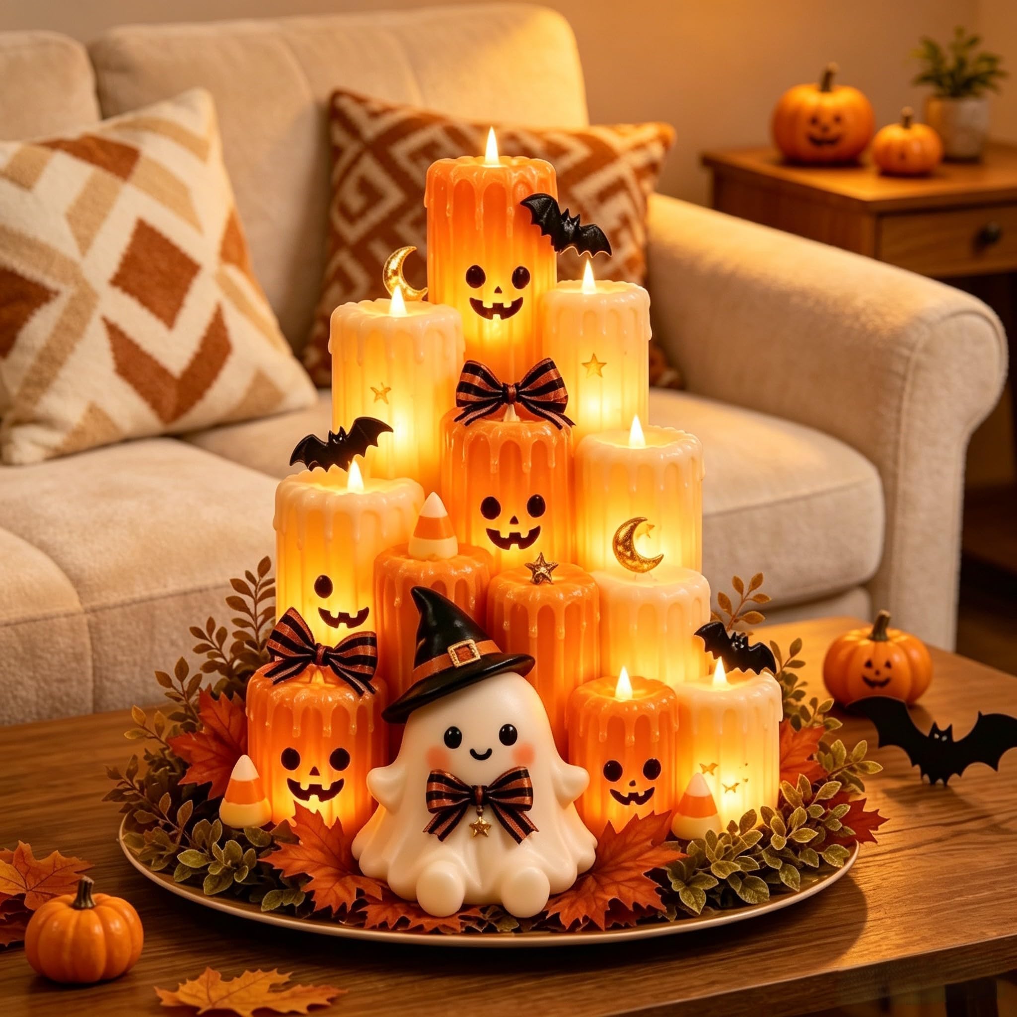 Centro de mesa de Halloween con luz parpadeante para un hogar cálido