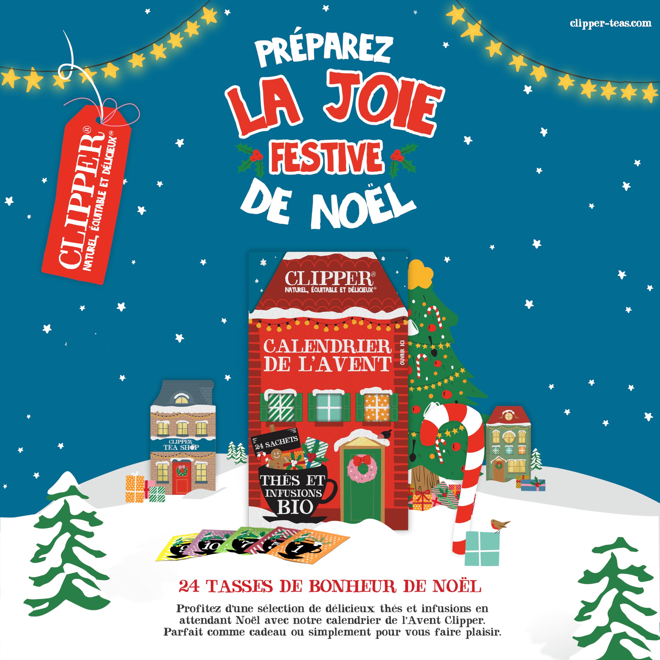 CLIPPER - Calendrier de l'Avent - Thés & Infusions - Bio - 24 sachets | Idée Cadeau Noël - Ingrédients Bio - 100% naturels