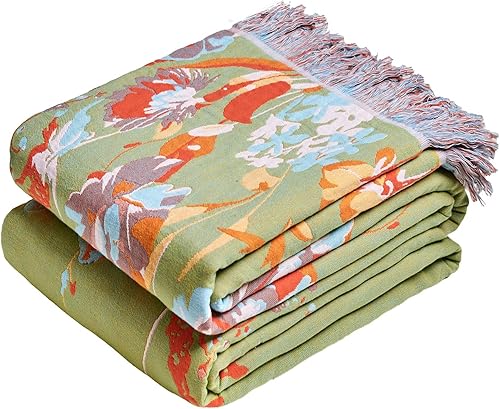 Miniatura 18 de MSGKV - Manta bohemia para sofá con hojas de algodón 50 x 60 pulgadas, mantas para sofá, silla, muselina transpirable, ligera, mantas de estilo