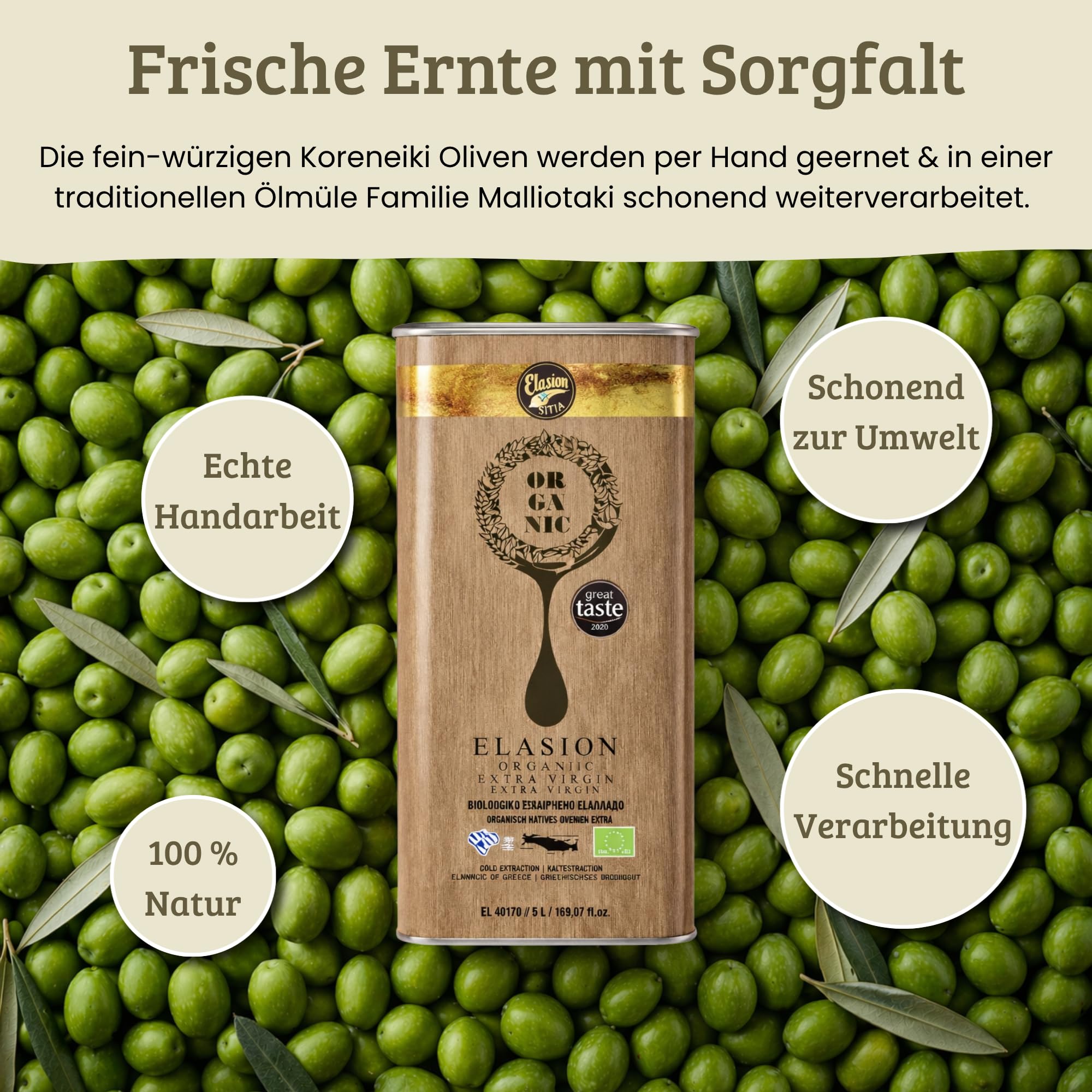 Griechisches Bio Olivenöl Elasion aus Kreta 5,0l Kanister | Extra nativ | Mittelkräftig | Kaltgepresst | 100% Koroneiki Oliven | Bio zertifiziert GR-BIO-06