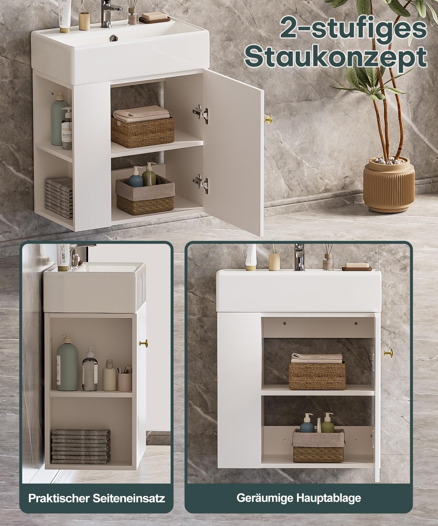 Yorbay Waschbecken mit Unterschrank 55 cm: Wandmontage Badezimmerschrank mit Keramik Waschtisch für Kleine Bäder - Modern Hängend Badmöbel Set für Gäste WC (Weiß)