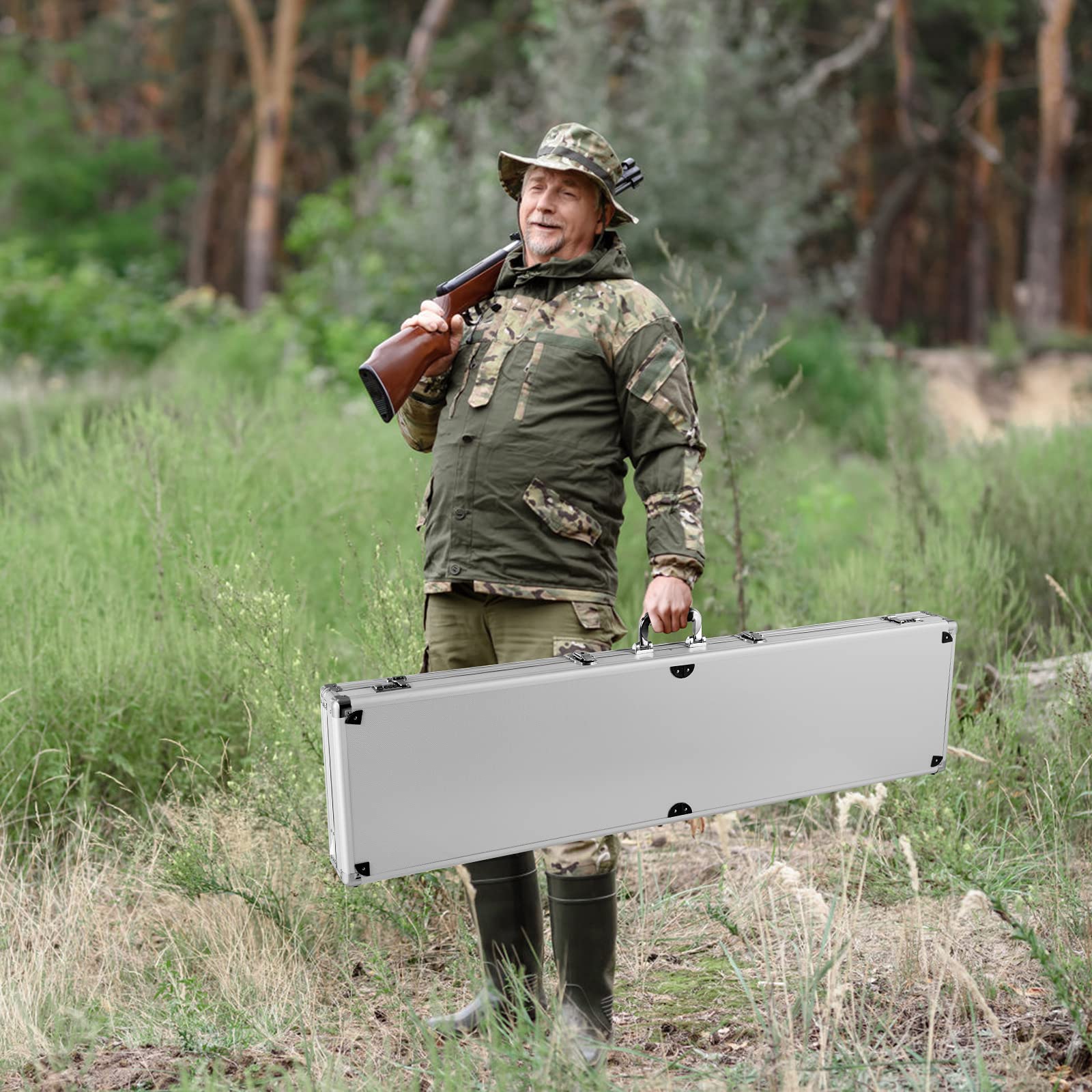 RELAX4LIFE Maletín de Aaluminio para Armas y Escopeta, Maletín de Munición con Cojín de Esponja y Candado de Combinación, Maletín de Caza con Cerradura, Maletín de Pistola (Plateado)