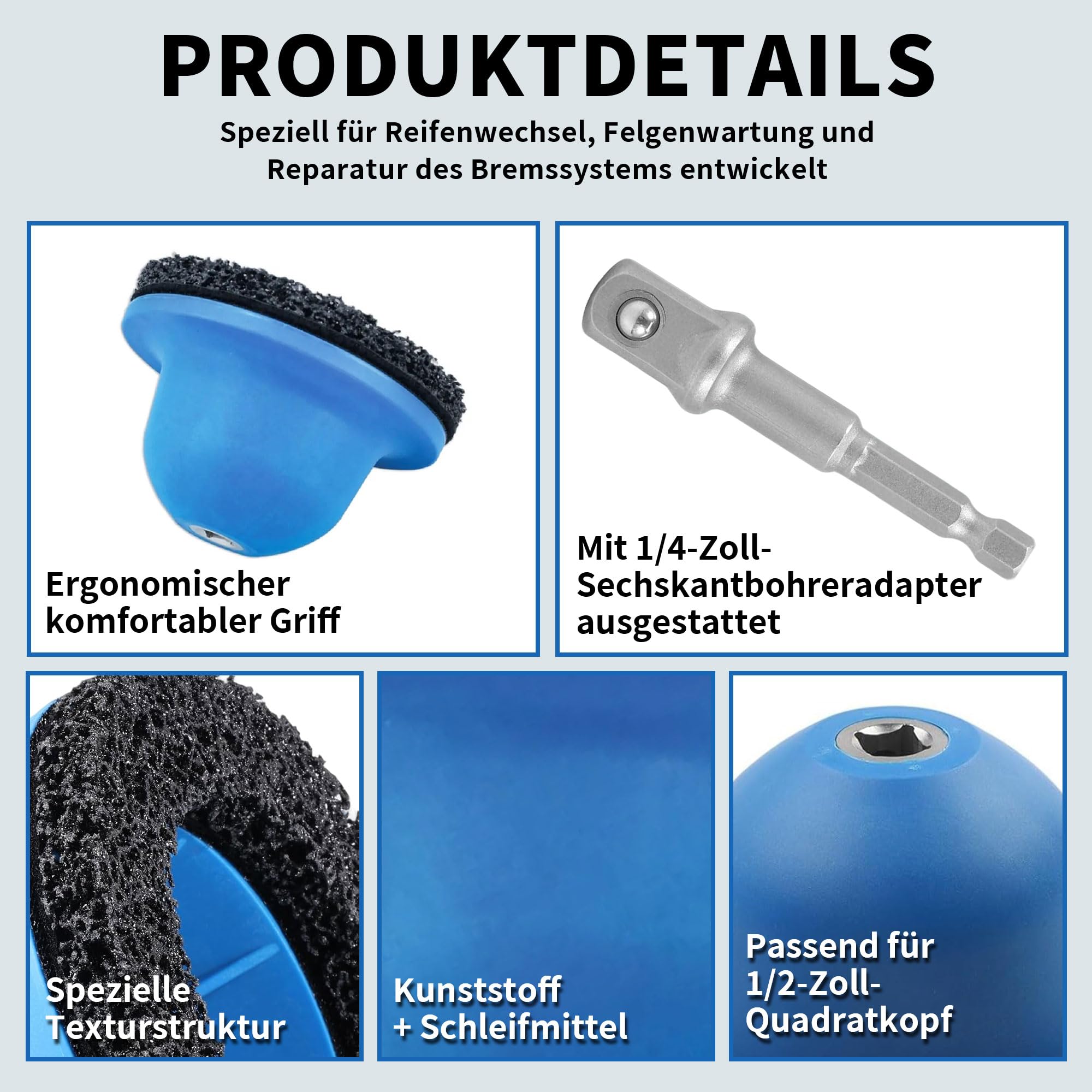 Radnabenschleifer Ø 90 mm innen, Ø 150 mm außen, Radnabenreiniger mit 1/2"-Vierkantantrieb, inklusive Adapter, Werkzeug für Felgenreinigung, Rostentfernung und Bremssystempflege