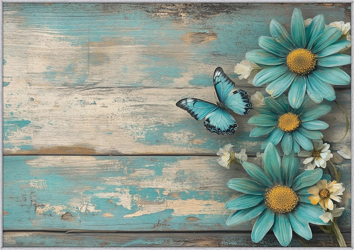 Rustic Butterfly Throw Rug, Washable Blue Floral Area Rugs 2x3 - Vintage Wood Farmhouse Small Carpet, Entryway, Bedroom, Kitchen, Home Decor, Indoor Mat, Soft, Non Slip, Non Shedding