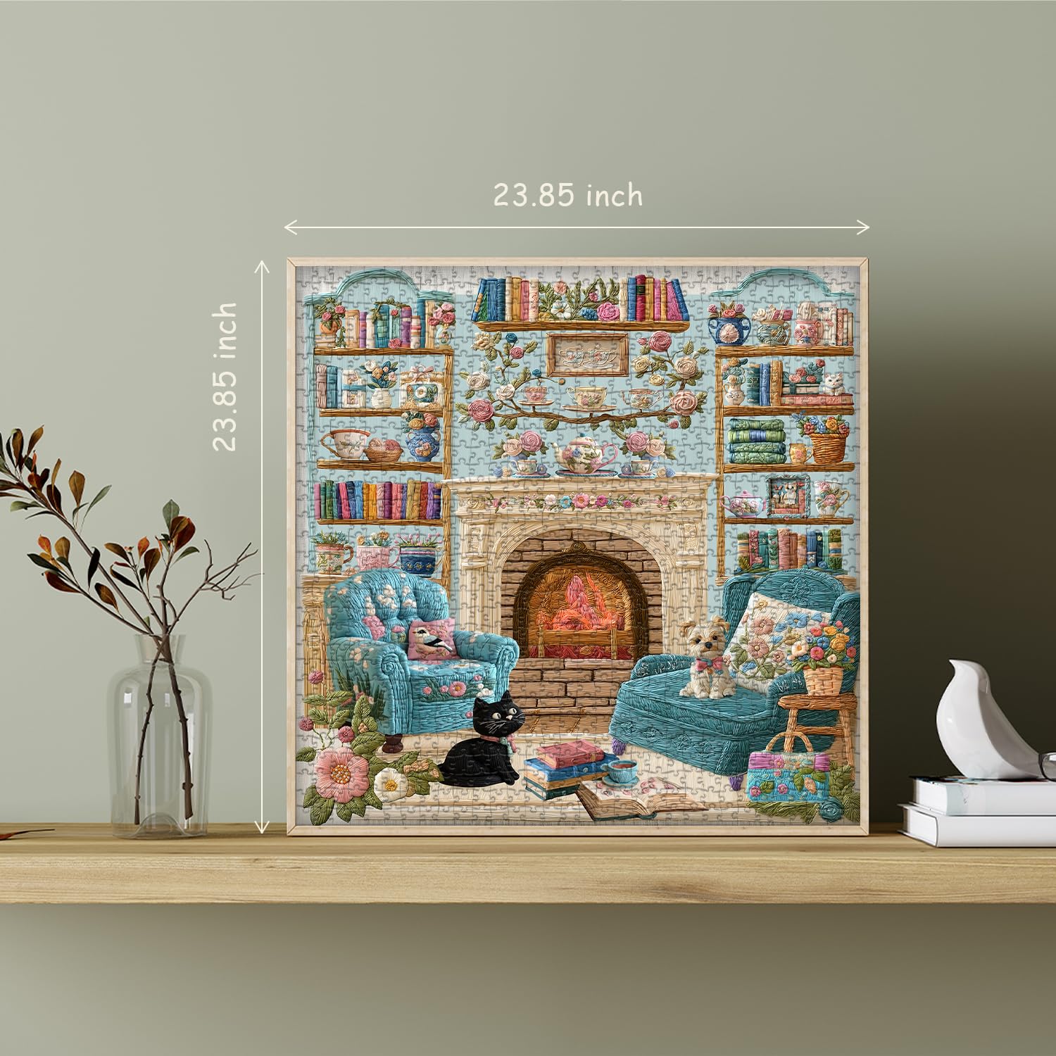 PICKFORU Cozy Puzzles for Adults 1000 Pieces, Dog Puppy Cat Jigsaw Puzzle Bookshelf Teacups, Embroidery Aesthetic Puzzle Cabin, Unique Modern Art Jigsaw Challenging - Image 4
