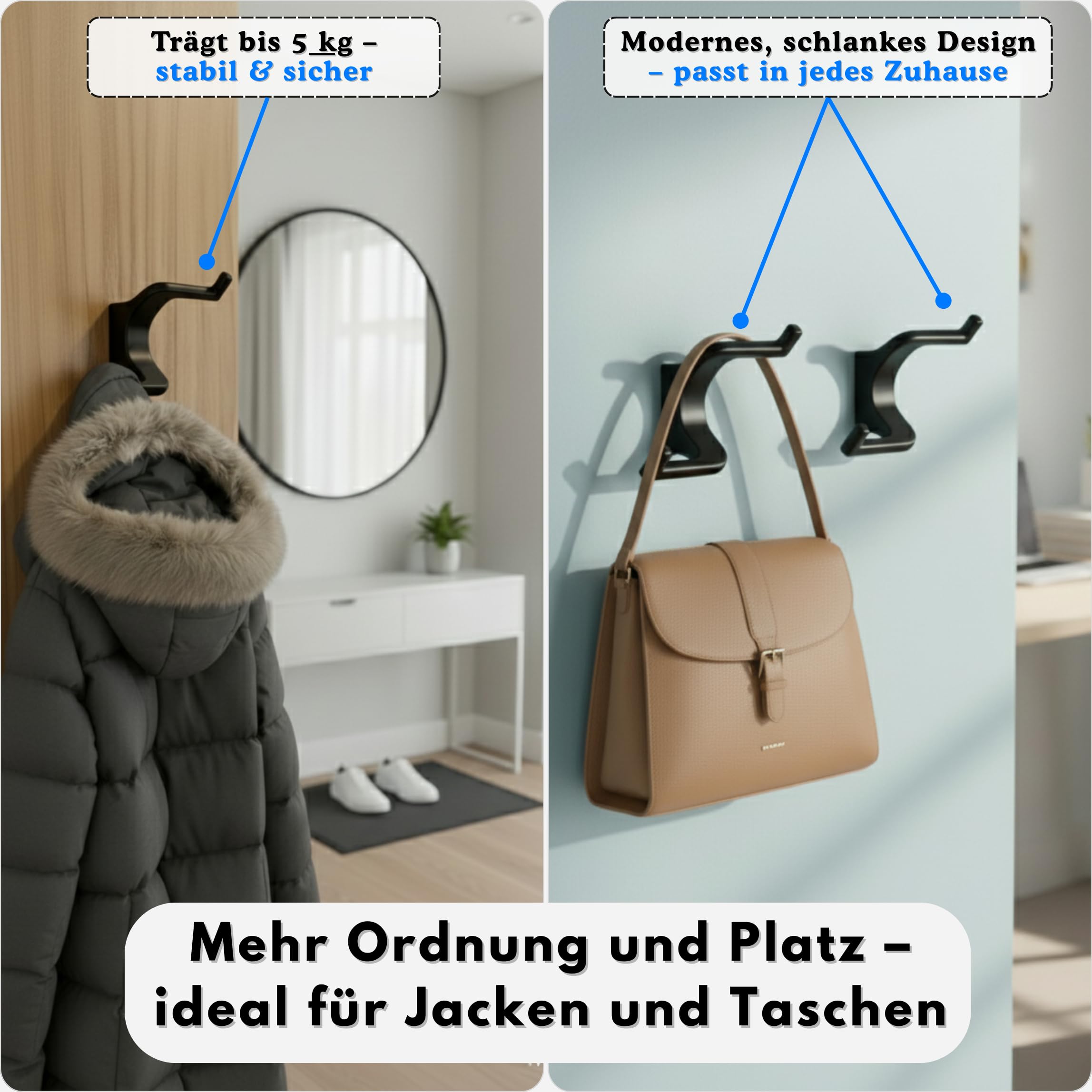 Wandhaken Schwarz Matt 4er Set – Doppelhaken aus Zinklegierung | Verdeckte Schrauben | Bis 5 kg | Garderobenhaken für Flur, Bad, Küche & Schlafzimmer