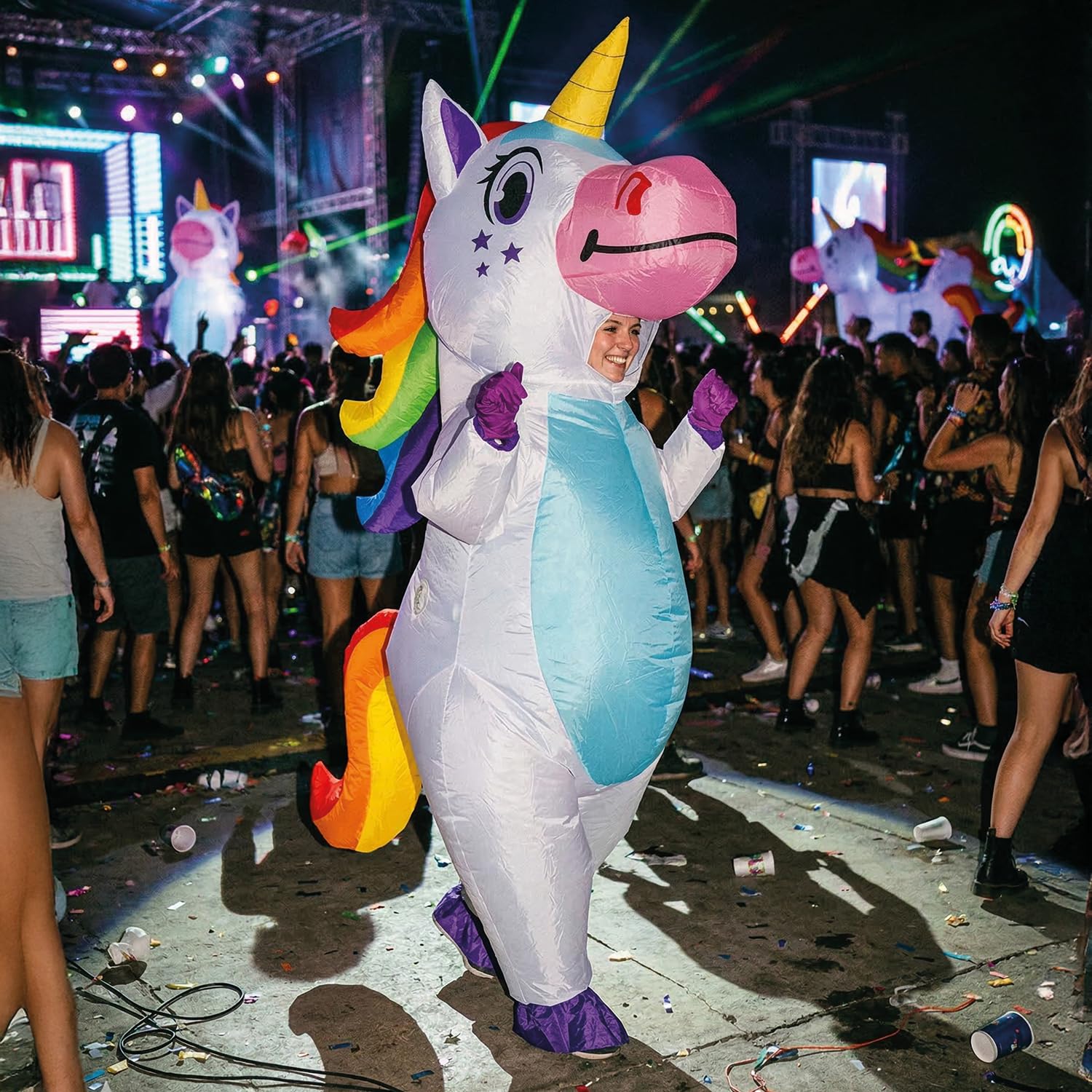 AirSuit® Disfraz inflable de Unicornio XXL | Disfraz inflable inusual |Tamaño adulto 160 a 190cm | Poliéster | Cómodo de llevar | Duradero | Sistema inflable incluido | OriginalCup®