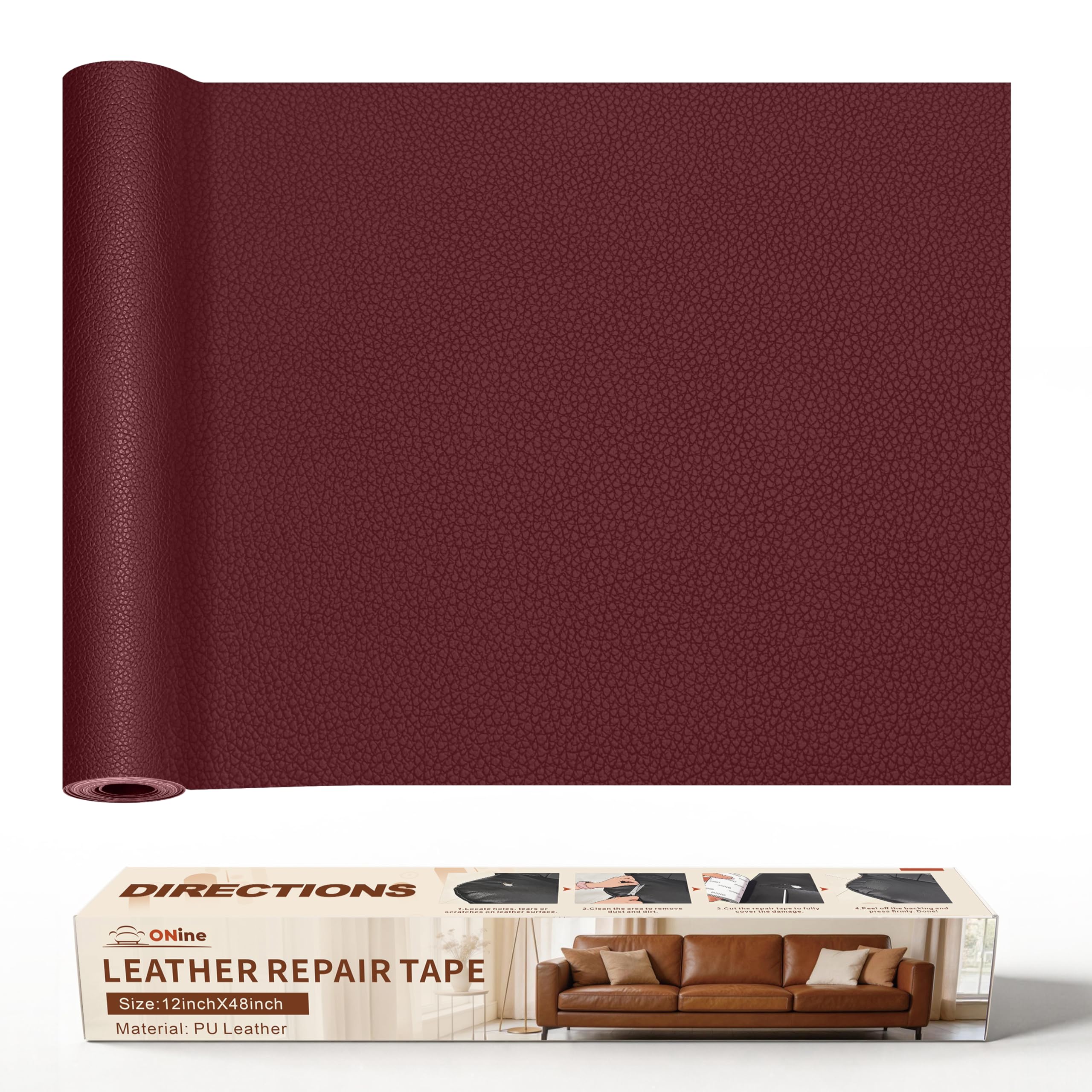 ONine Leather Repair Patch，Leather Repair Tape, 12 x 48 inches Leather Repair Patch for Furniture,Vinyl Repair kit，Leather Couch Patch，for Sofas,Furniture,car Seats,Chairs(Wine red-Litchi Grain)