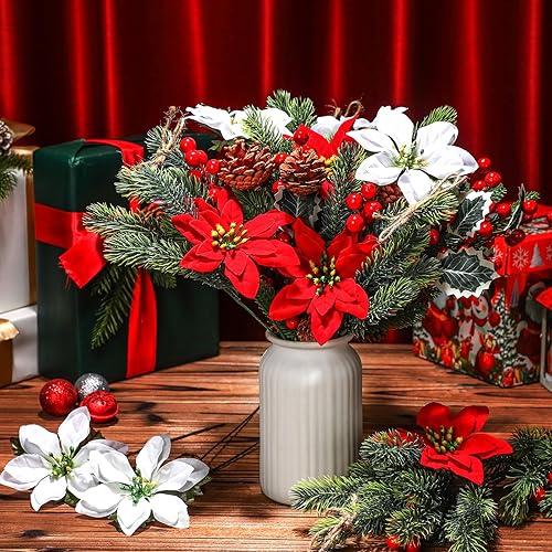 Miniatura 2 de 20 piezas de flores artificiales rojas de Navidad, conos de pino florales de Navidad, acebo, flores para árbol de Navidad, decoración de fiesta de