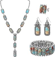 JMScape 4PCS Western Turquoise Jewelry Set for Women - Boho Vintage Navajo Pearl Necklace Earrings Bracelet Ring Cowgirl Accessories
