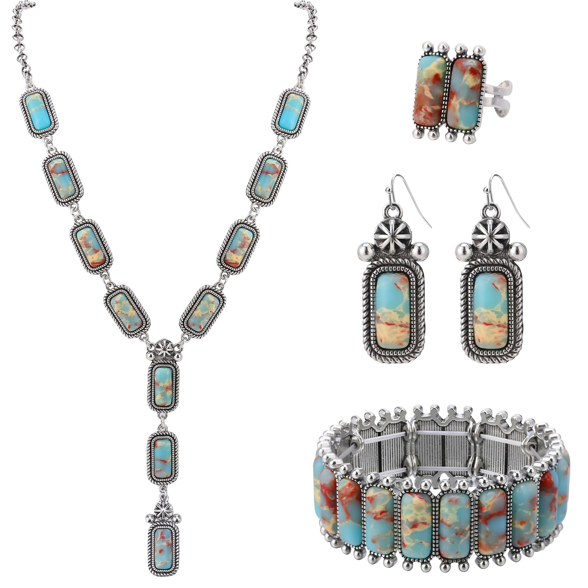 4 PCS Western Turquoise Jewelry for Women Boho Vintage Navajo Pearl Necklace Earring Bracelet Ring Set Country Cowgirl Accessories for Gift