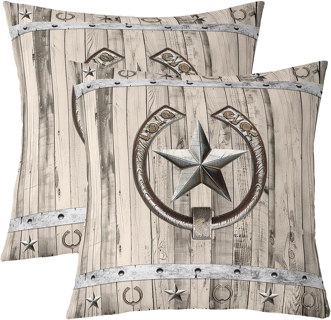 Western Texas Star Pillow Covers 24x24 inch Set of 2, Rustic Farm Stars Horseshoe Throw Pillow Covers, Retro Grey Wooden Barn Door Cushion Covers, Farmhouse Cowboys Cabin Decorative Pillow Covers