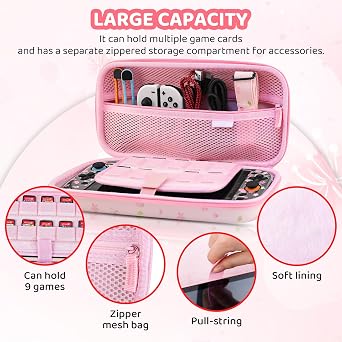 RHOTALL Pink Cherry Blossom Carrying Case for Nintendo Switch 2, Cute Cherry Protective Travel Case, Clear Glitter Flower Dockable Shell Cover for Switch 2, Screen Protector, Shoulder Strap, 2 Thumb