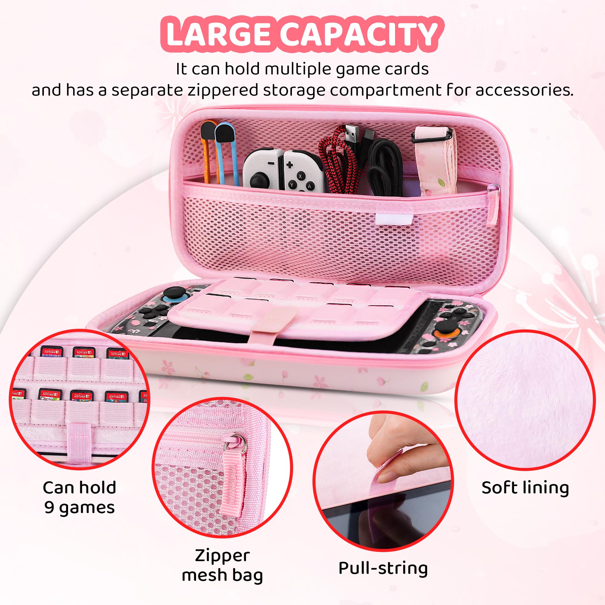 RHOTALL Custodia da trasporto rosa con fiori di ciliegio per Nintendo Switch 2, custodia protettiva da viaggio Sakura, custodia trasparente glitterata con fiore agganciabile per Switch 2, pellicola