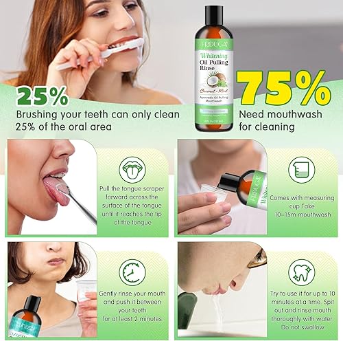 Miniatura 5 de Aceite de extracción para dientes con aceites esenciales naturales de coco y menta y vitamina D, E, enjuague bucal sin alcohol, ayuda con aliento
