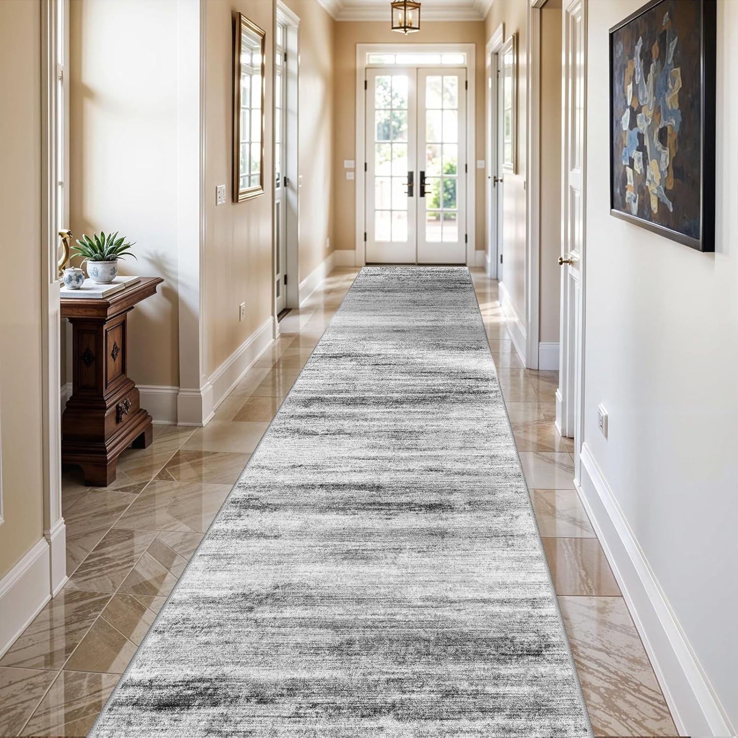 3x12 Washable Hallway Runner Rug: Extra Long Runners for Entryway Living Room Dining Room - Stain and Water Resistant Rugs with Non-Slip Backing - Soft Low-Pile Carpet 12ft Grey