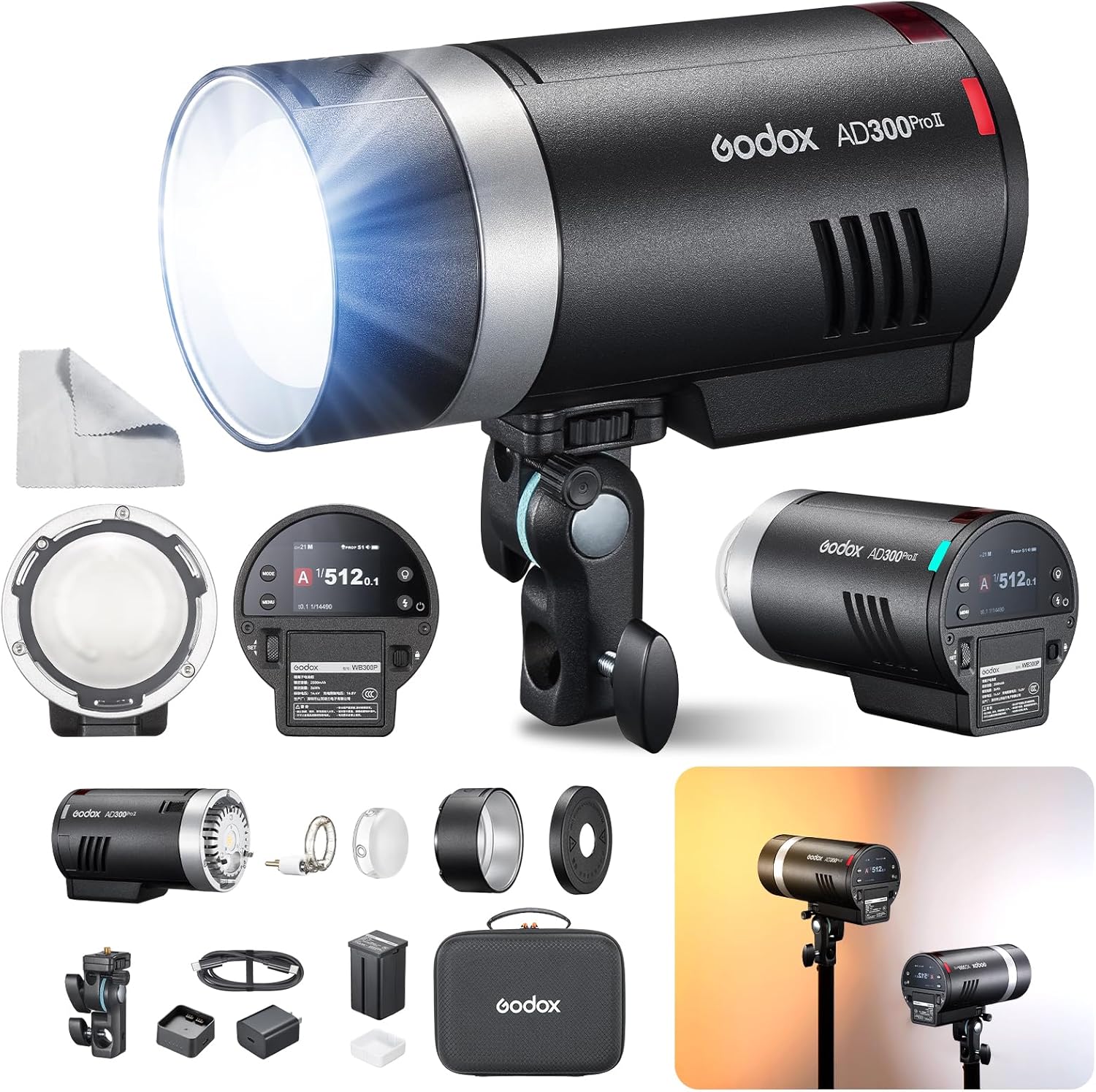 GODOX AD300 Pro II 300Ws TTL HSS Flash Strobe,Solid/CCT Lock Mode ＆ 12W Bi-Color Modeling Lamp,10-Step Power Adjustment,350 Flashes,0.01-1.5s Recycle for Outdoor Photography