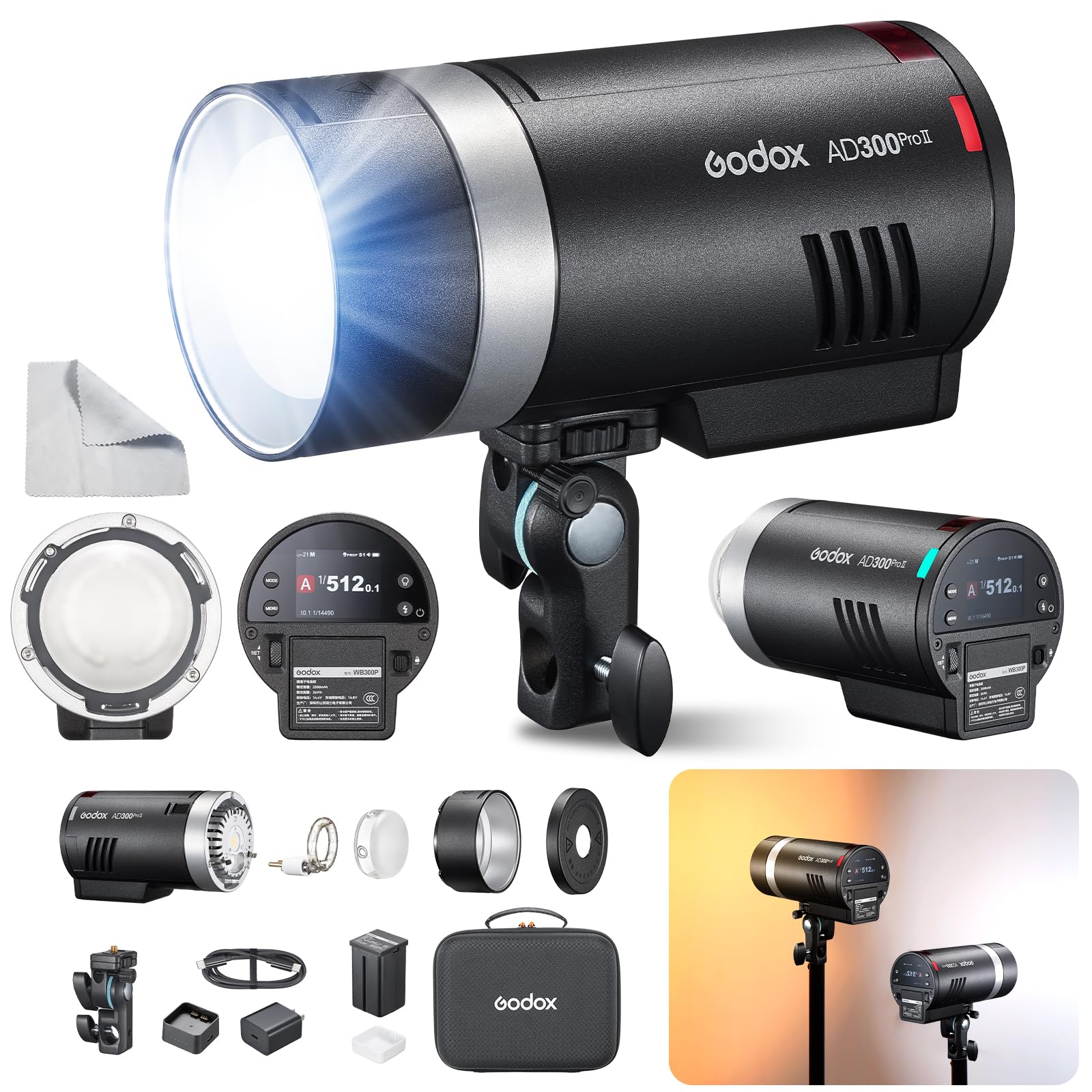 GODOX AD300Pro II AD300 ProII 300Ws TTL Flash Strumentale Esterno HSS 1/8000s 350 Flash Regolazione a 10 Livelli Indicatore a 16 Gruppi Lampada Modellante Bicolore 12W 2800K-6000K (AD300Pro 2026)