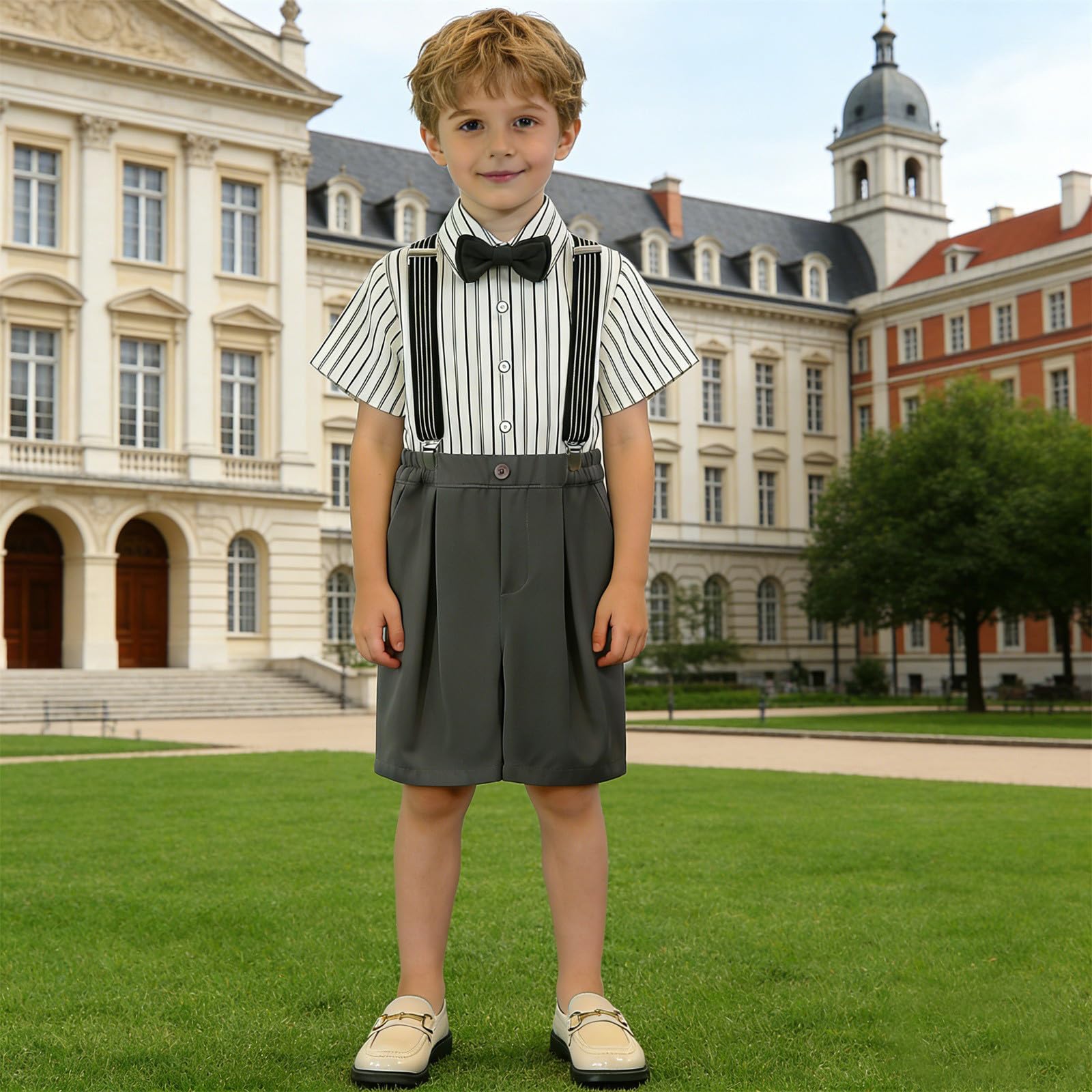 Ensemble Garçon, Chemise à manches courtes pour garçon avec bretelles, tenue d'été habillée pour tout-petit, spectacle, spectacle, tenue scolaire