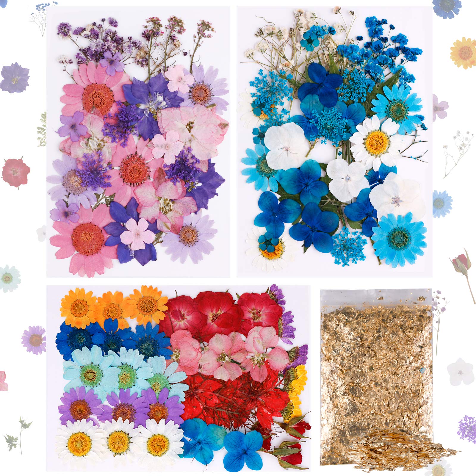 Seamuing4Pack Real Dried Pressed Flowers for Resin Crafts with Gold Foil Flakes Natural Dry Flowers with Gold Nail Flakes, DIY Candle, Nail Art, Jewelry Pendant Crafts Making