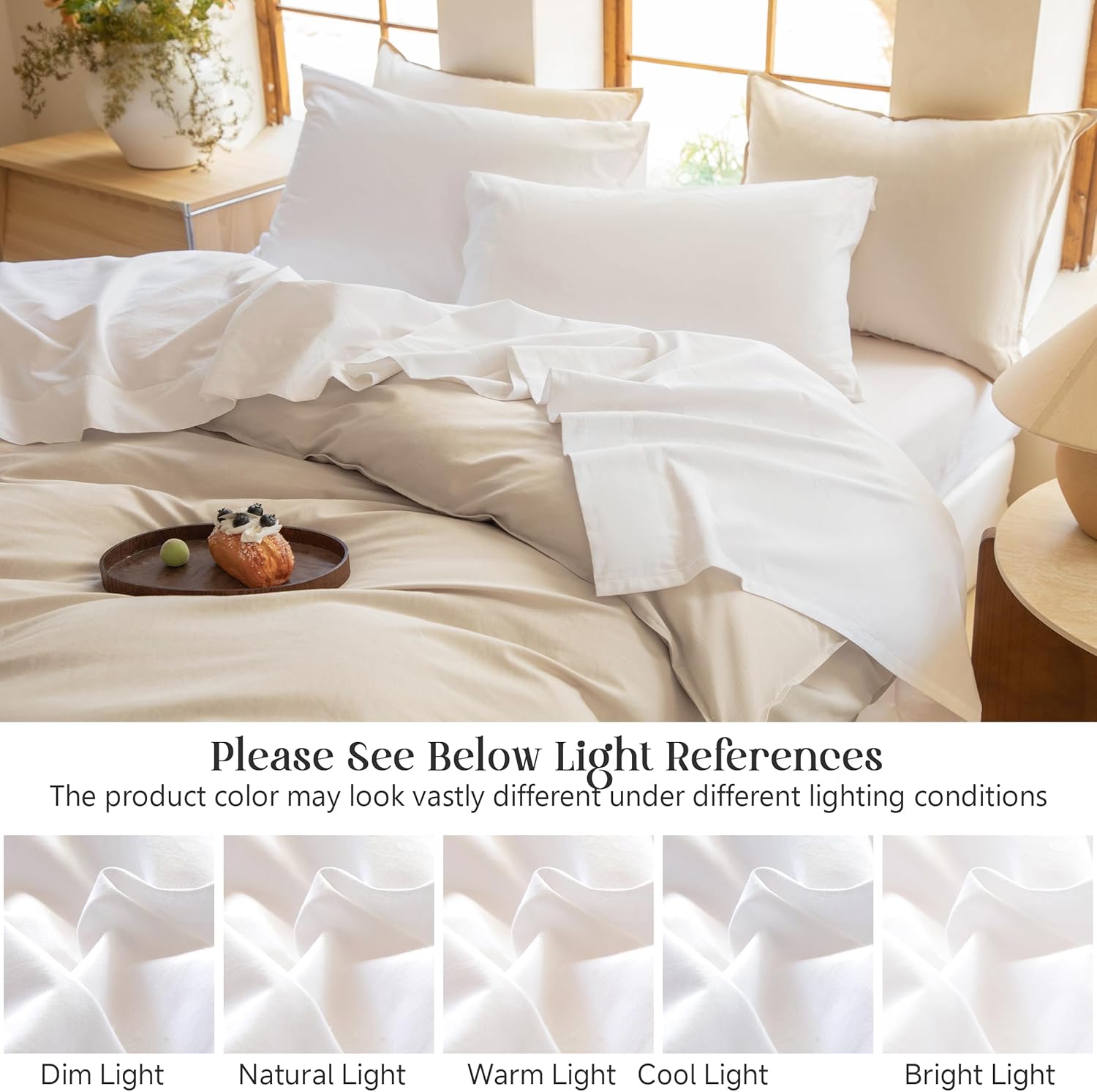 Linen Sheets Queen Size, Linen Cotton Blend Bed Sheets Set 4 Pieces, 1 Flat Sheet, 1 Fitted Sheet and 2 Pillowcases, Cooling Breathable Farmhouse Bedding for All Season, White