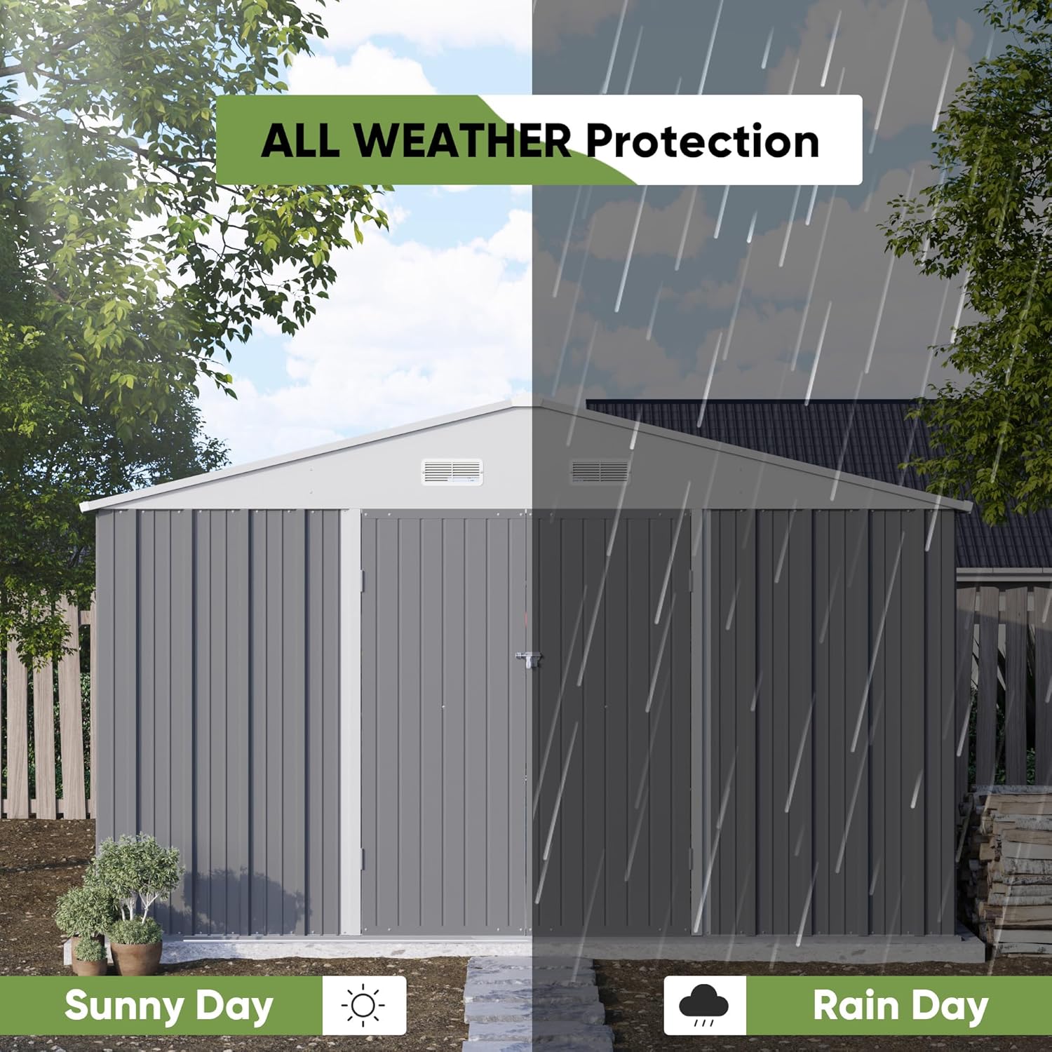 Graphic illustrating the Patiowell 10x10 Metal Storage Shed's 'ALL WEATHER Protection' in both sunny and rainy conditions.