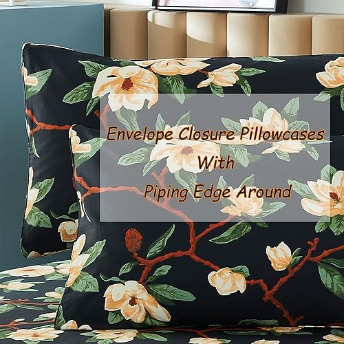 Miniatura 6 de FADFAY - Juego de sábanas para cama Cal King, diseño floral, color negro y amarillo, elegante, estampado de peonías, ropa de cama antigua de granja,