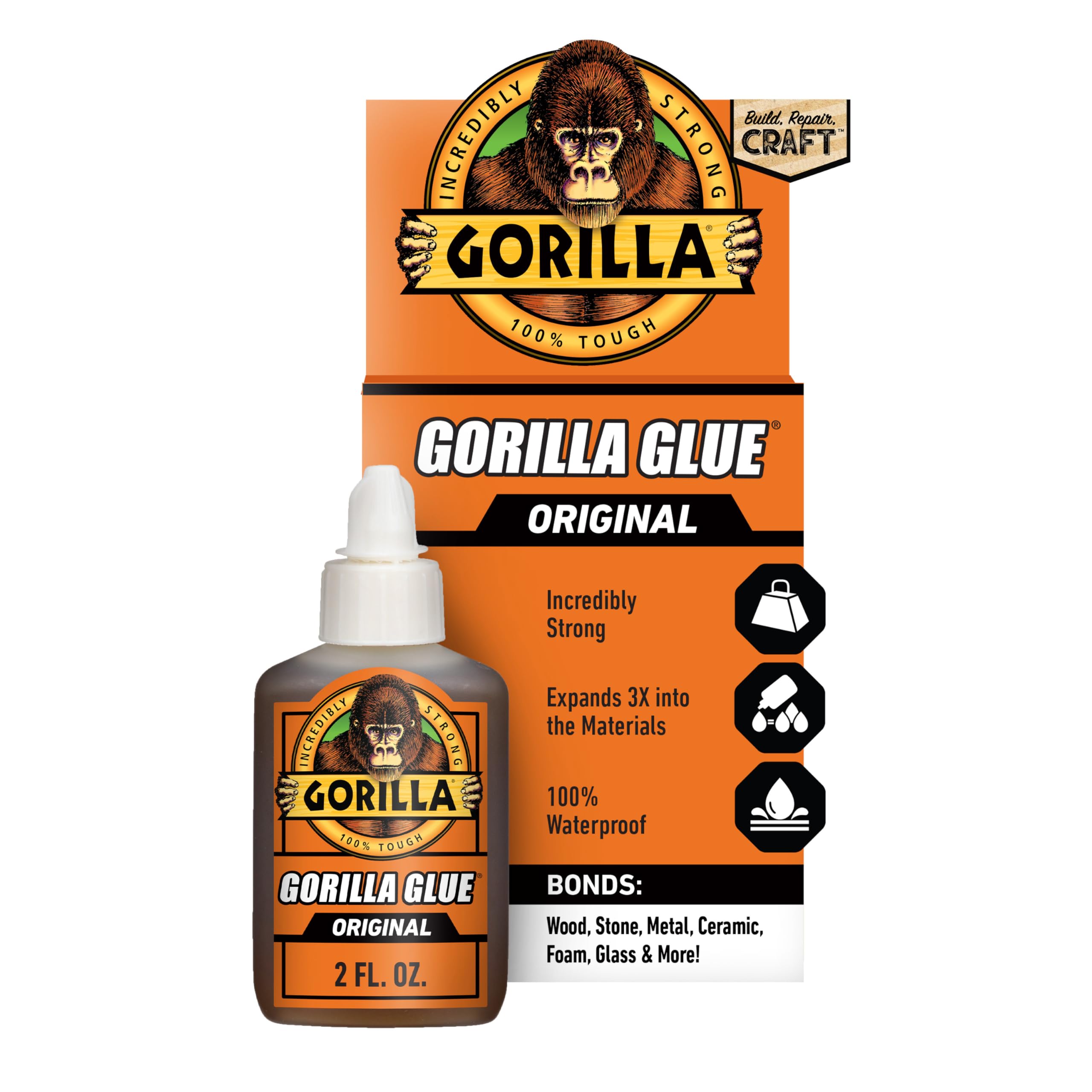 Gorilla Glue Original, 100% Waterproof, Indoor & Outdoor, Polyurethane Glue, Versatile Bonding Adhesive, Easy Application Nozzle, 2oz/59mL (Pack of 1), 51002C
