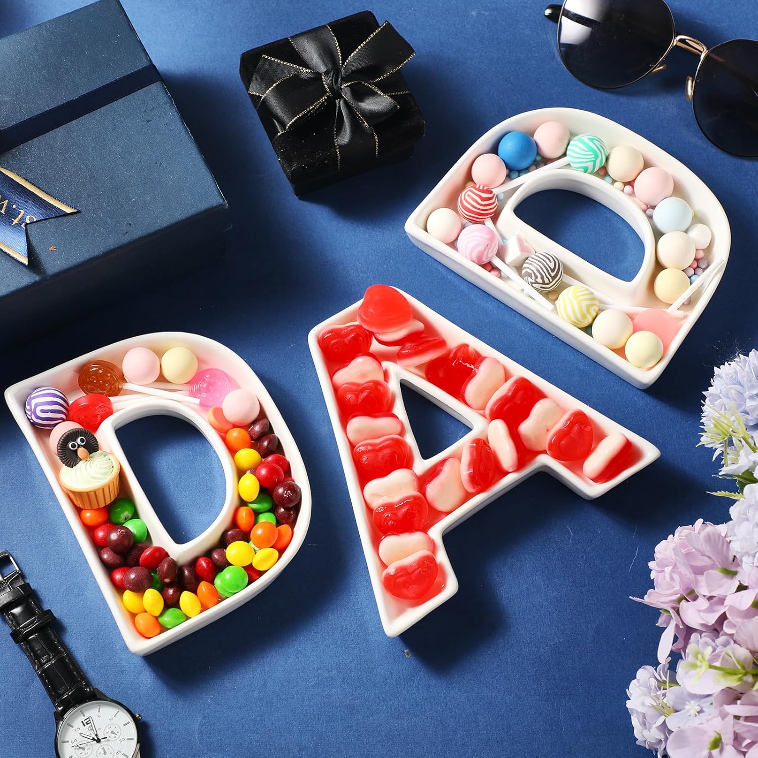 3 Pcs Father's Day Letter Charcuterie Boards Ceramics Dad Fillable Letters Box Small White Reusable Alphabet Food Serving Trays Platter for Candy Father's Day Gifts Party Decoration