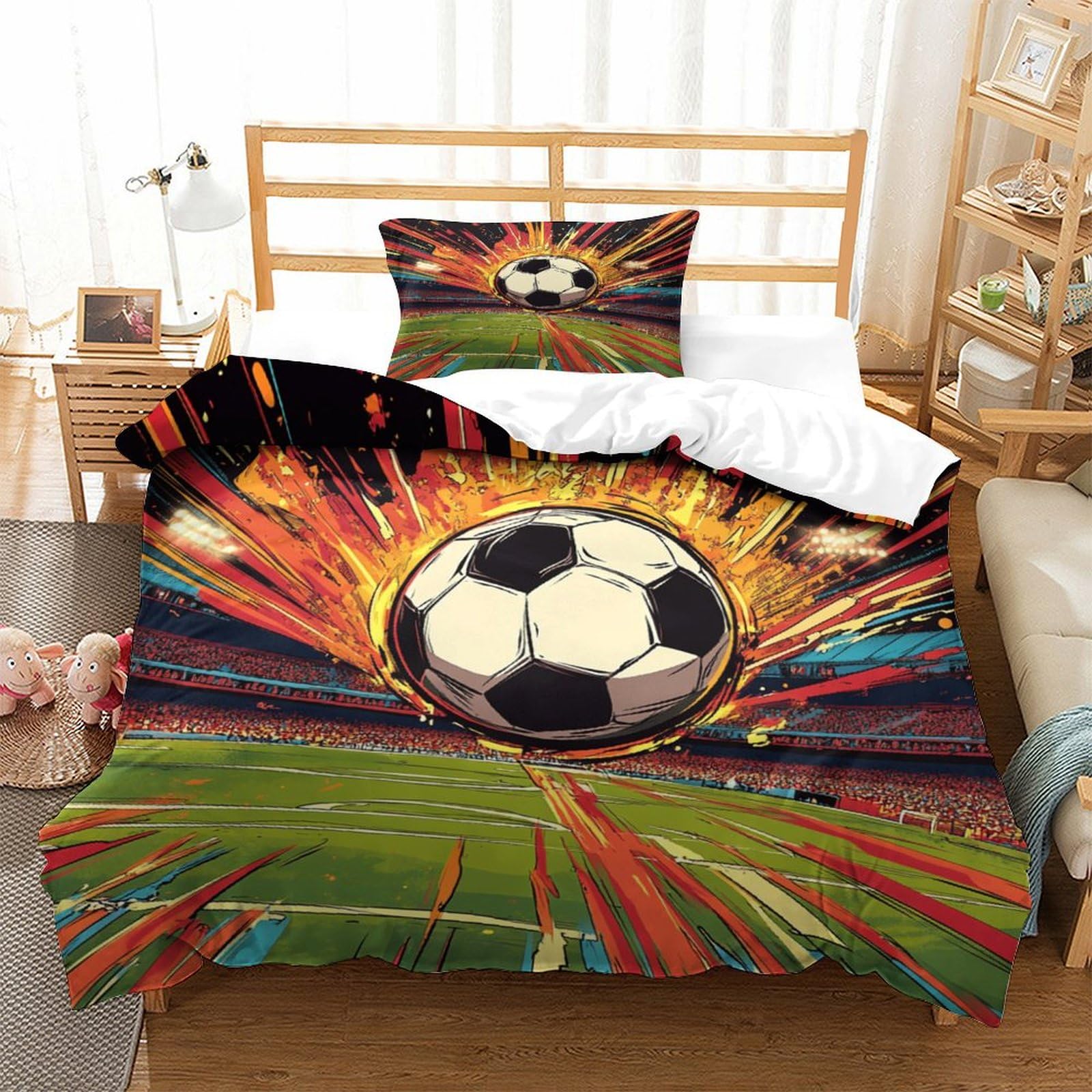 P1s9u7w5y Football-8 Dynamic Football 3D Printed Duvet Cover Set 3Pcs Microfiber Soccer Bedding Set Single（135X200cm）