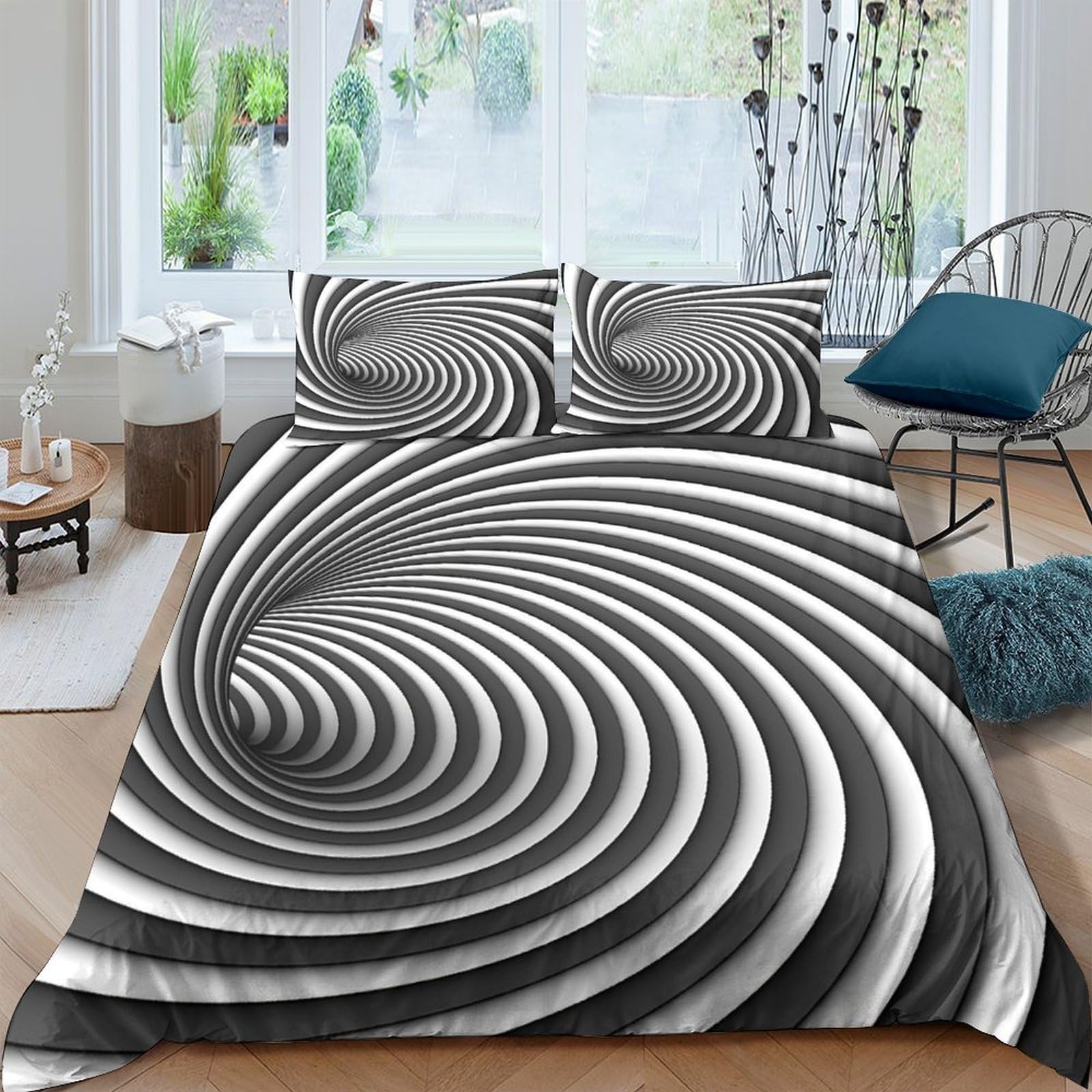 Ctjqhvkz Style-7 3D Printed Black White Spiral Fitted Sheet Microfiber Soft Bedroom Decor Optical Illusion Mattress Cover For Home Single（135X200cm）