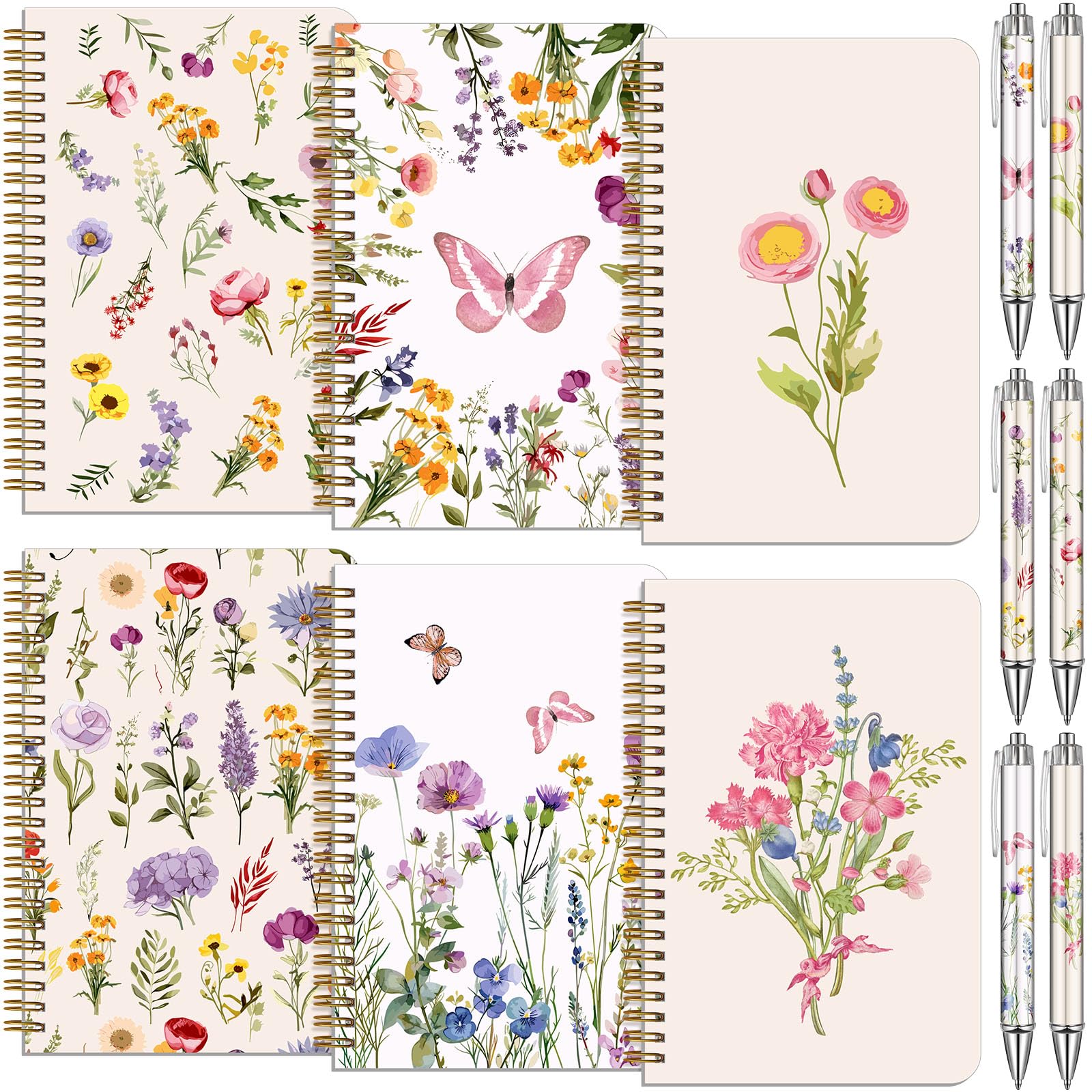 Resurhang 6 Pack Floral Spiral Notebooks Wildflowers Preppy Journal Cute Aesthetic Hardcover Ruled Notebooks with Ballpoint Pens for Office School Day