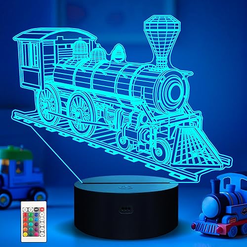 Ammonite Luz nocturna de tren, lámpara de ilusión 3D de tren de vapor para niños, 16 colores cambiantes con control remoto y temporizador, regalos