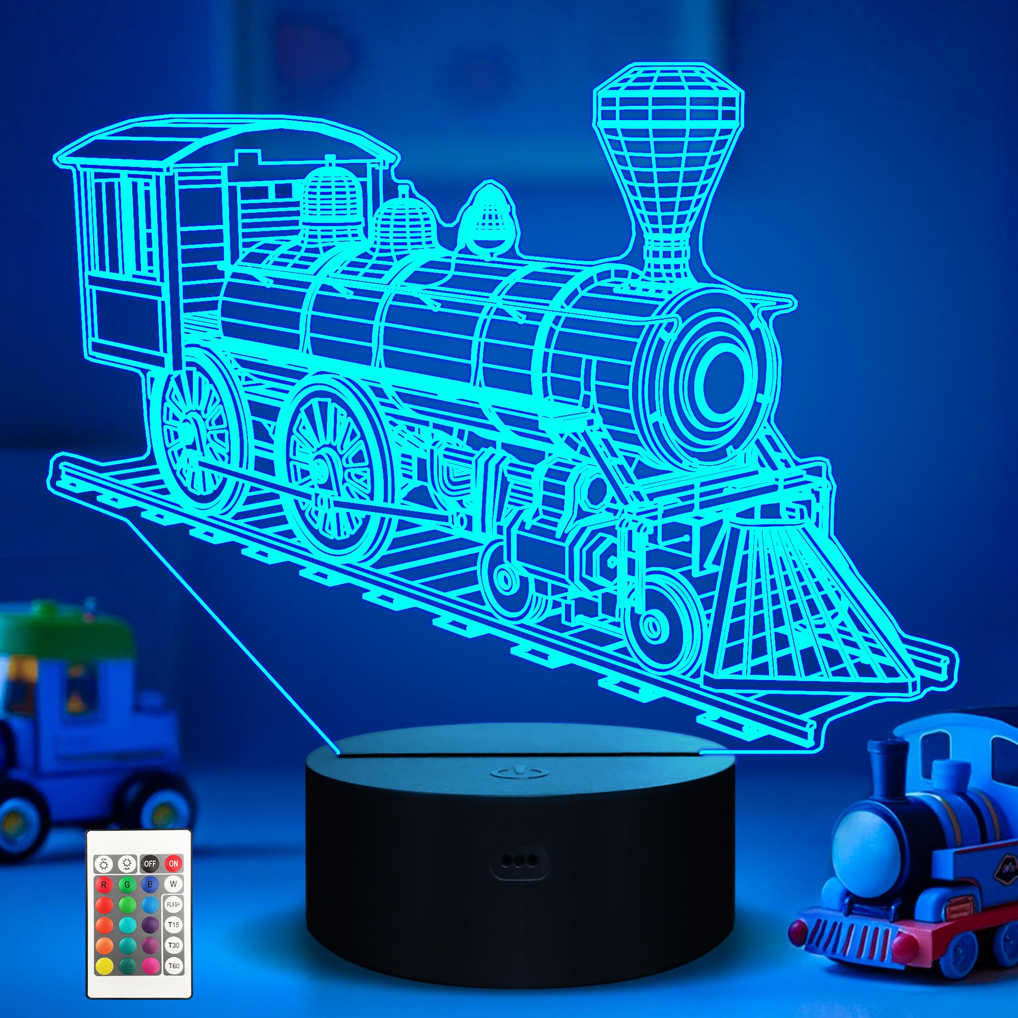 Train Night Light, Steam Train 3D Illusion Lamp for Kids, 16 Colors Changing with Remote Control & Timer, Creative Birthday Xmas Gifts for Kids Boys Bedroom Decor