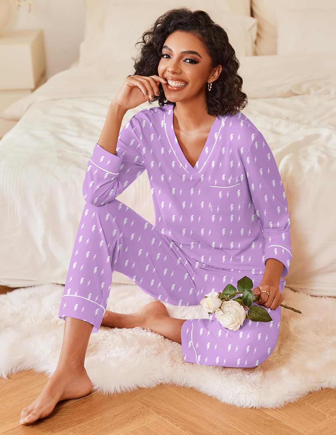 Ekouaer Women's Pajamas Sets 2 piece PJs V Neck Long Sleeve Sleepwear Comfy Pants Loungewear with Pocket - Image 4