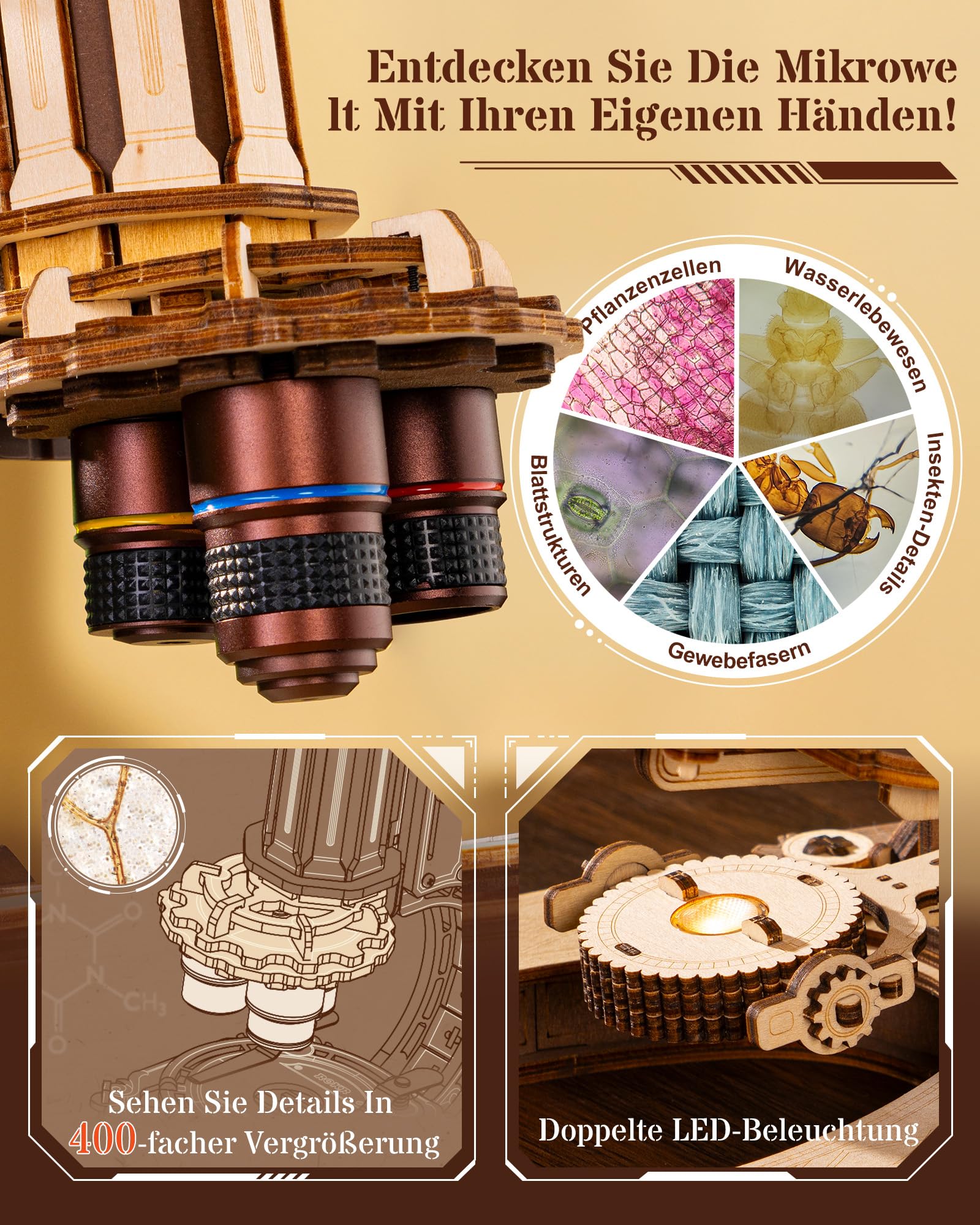 ROKR 3D-Holzpuzzle, mechanisches Modellbauset, echtes funktionierendes Mikroskop mit 400-facher Vergrößerung & LED-Licht, Vintage, wissenschaftliche Schreibtischdekoration, STEM-Geschenk für Frauen
