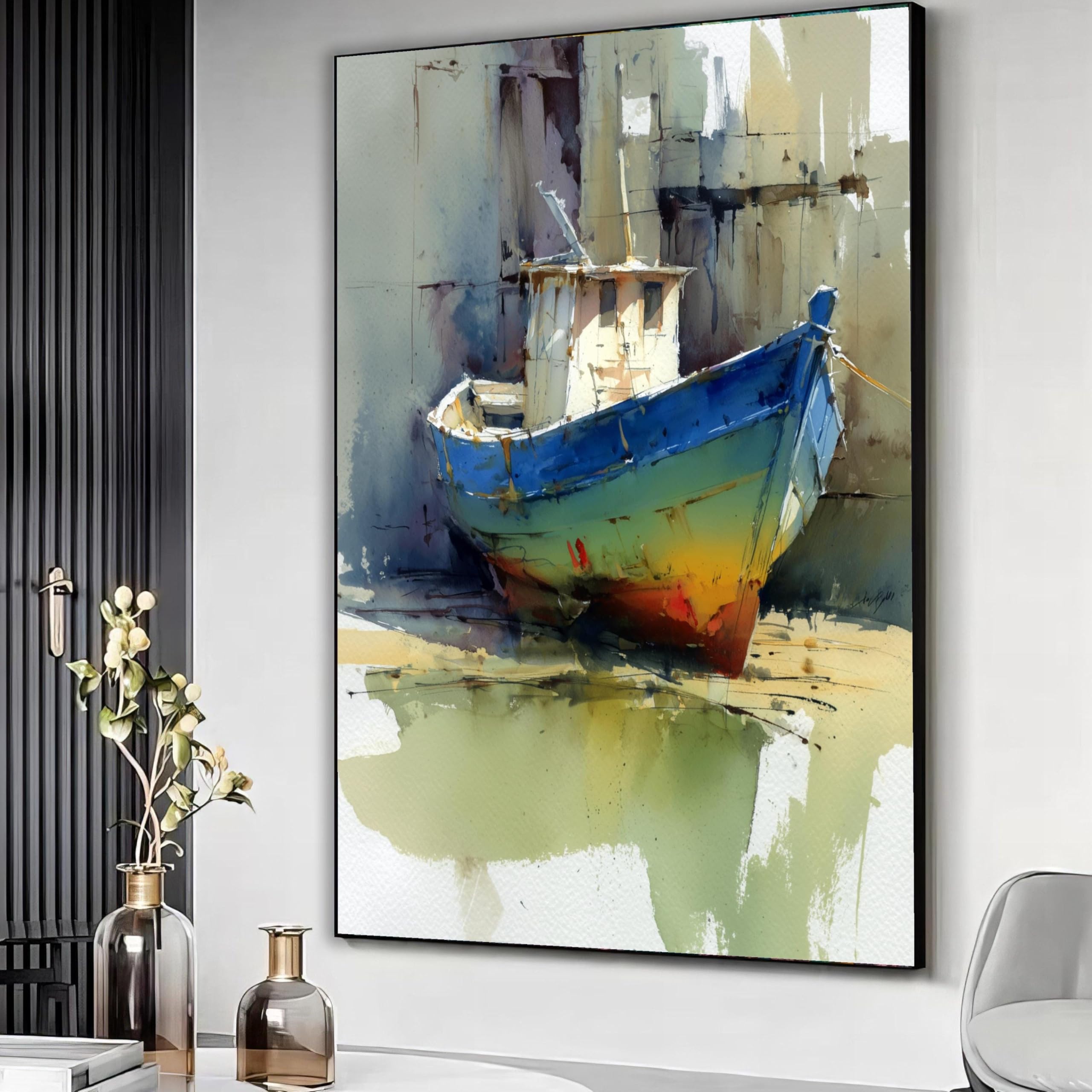 XBTYKPB Colorful Fishing Boat Canvas, Nautical Wall Art, Harbor Scene Painting, Watercolor Boat Print, Coastal Home Decoration(21x30cm/Frameless)