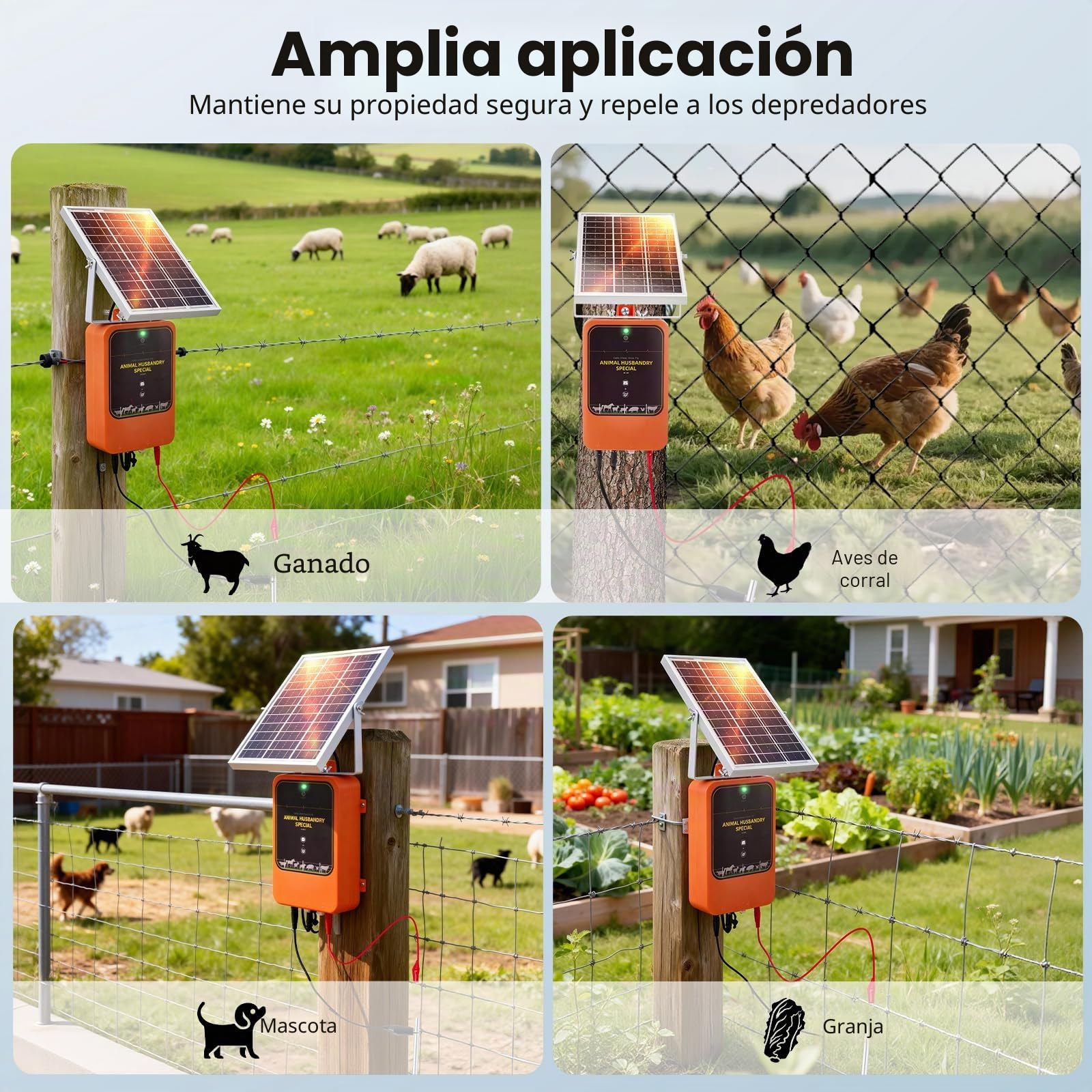 Electrificador de Cerca Solar 10km, 1.2J 12kV Cargador de Cerca Recargable con Panel Solar & Adaptador AC, IP65 Impermeable para Ganado, Granja, Pastizal, Aves de Corral