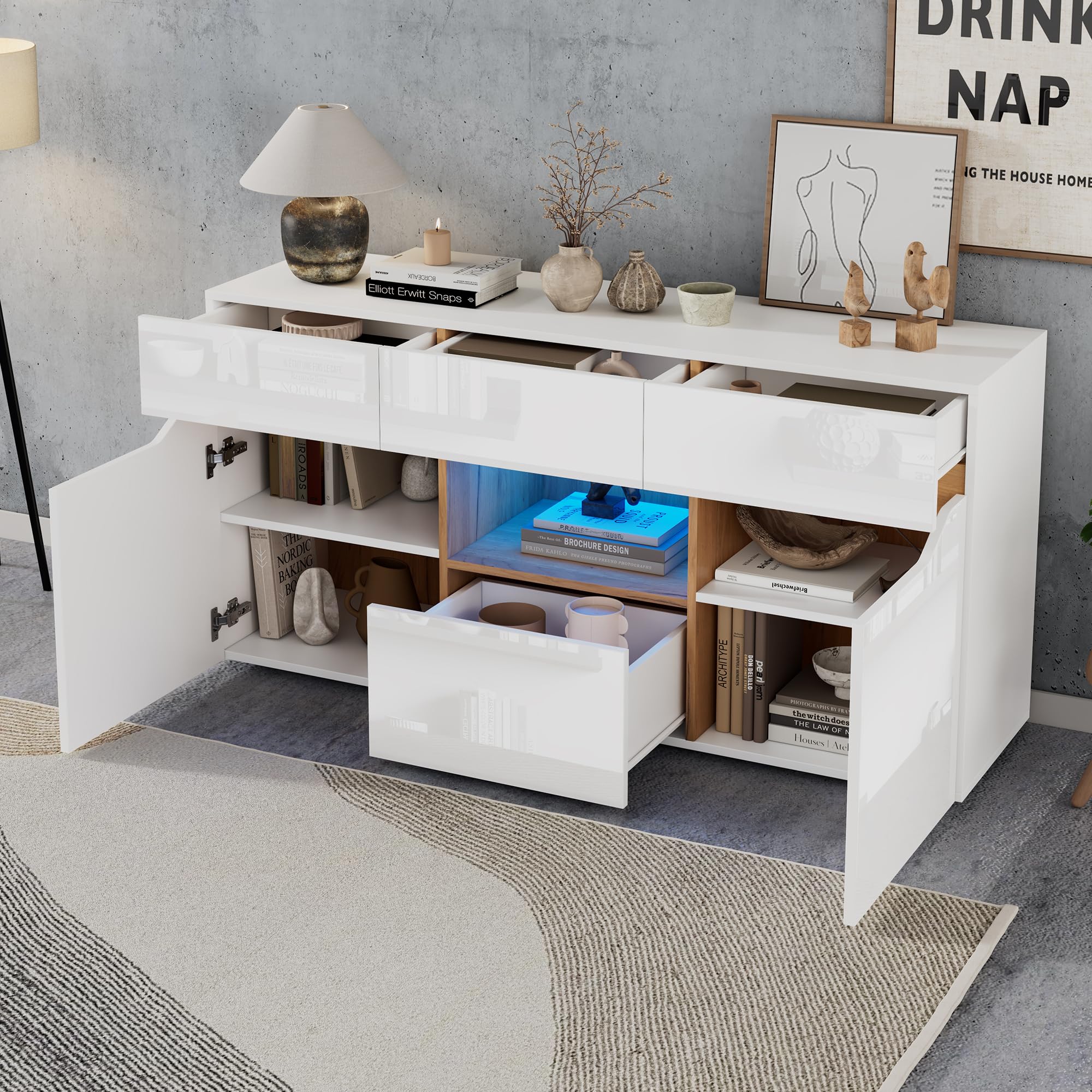 Merax Aparador blanco brillante moderno con iluminación LED, armario de cocina, armario buffet con 2 puertas, 4 cajones, armario multiusos para comedor, salón, cocina