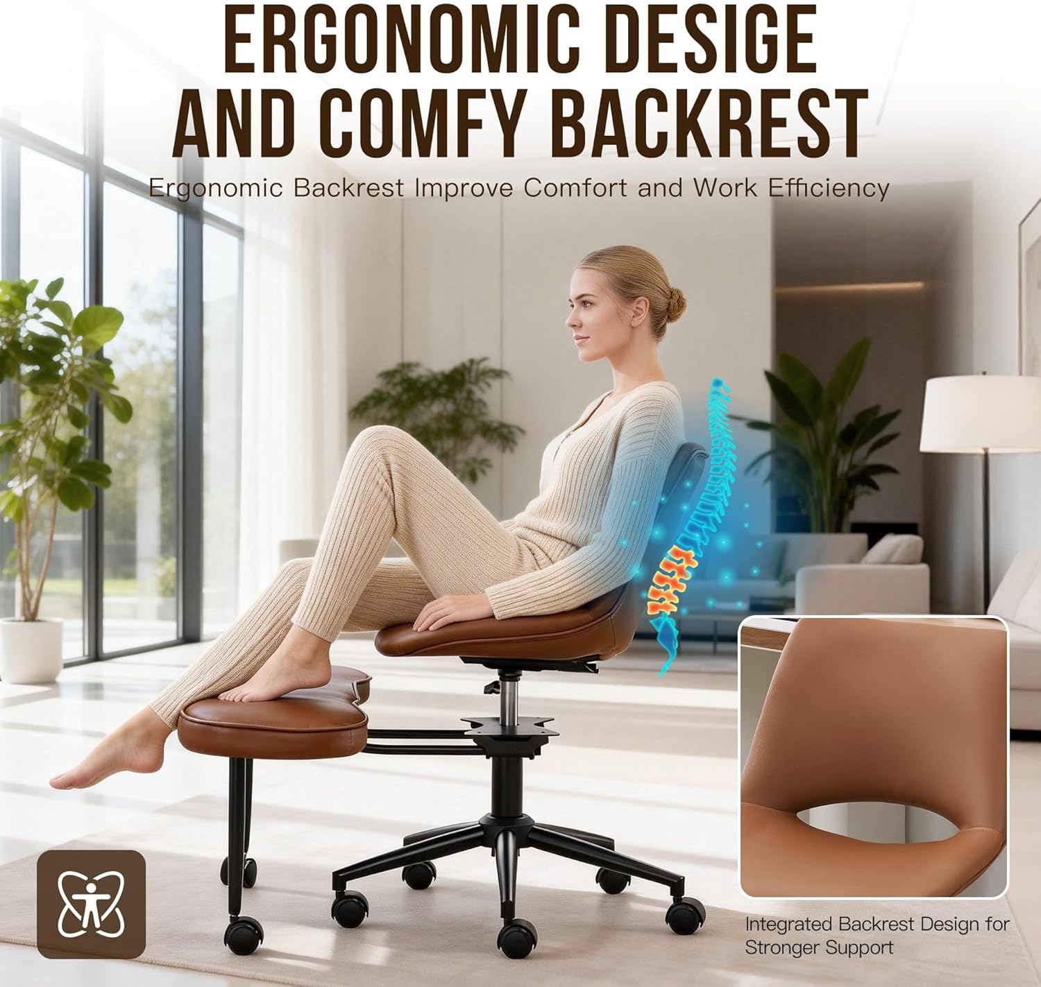Ergonomic Cross Legged Office Chair with High Lumbar Support - Adjustable Height Kneeling Desk Chairs for Meditation, ADHD & Yoga - Wide Criss Cross Chair with Wheels, Brown