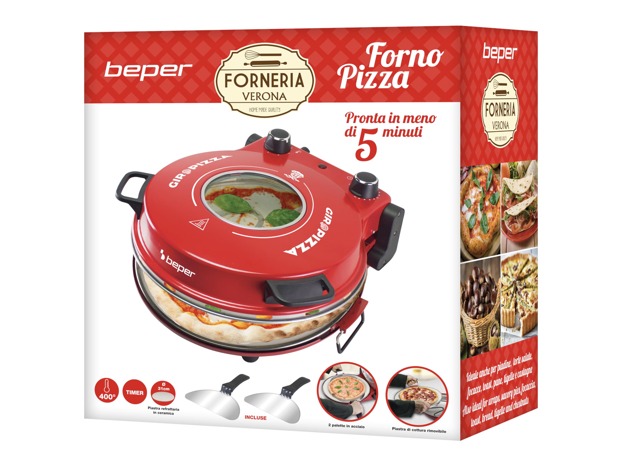 BEPER P101CUD301 Forno Elettrico per Pizza, 1200W, Temperatura 400°C, Piastra da 31 cm, Fornetto per pizza con Piastra Refrattaria Rimovibile, Oblò, Palette in acciaio, Rosso