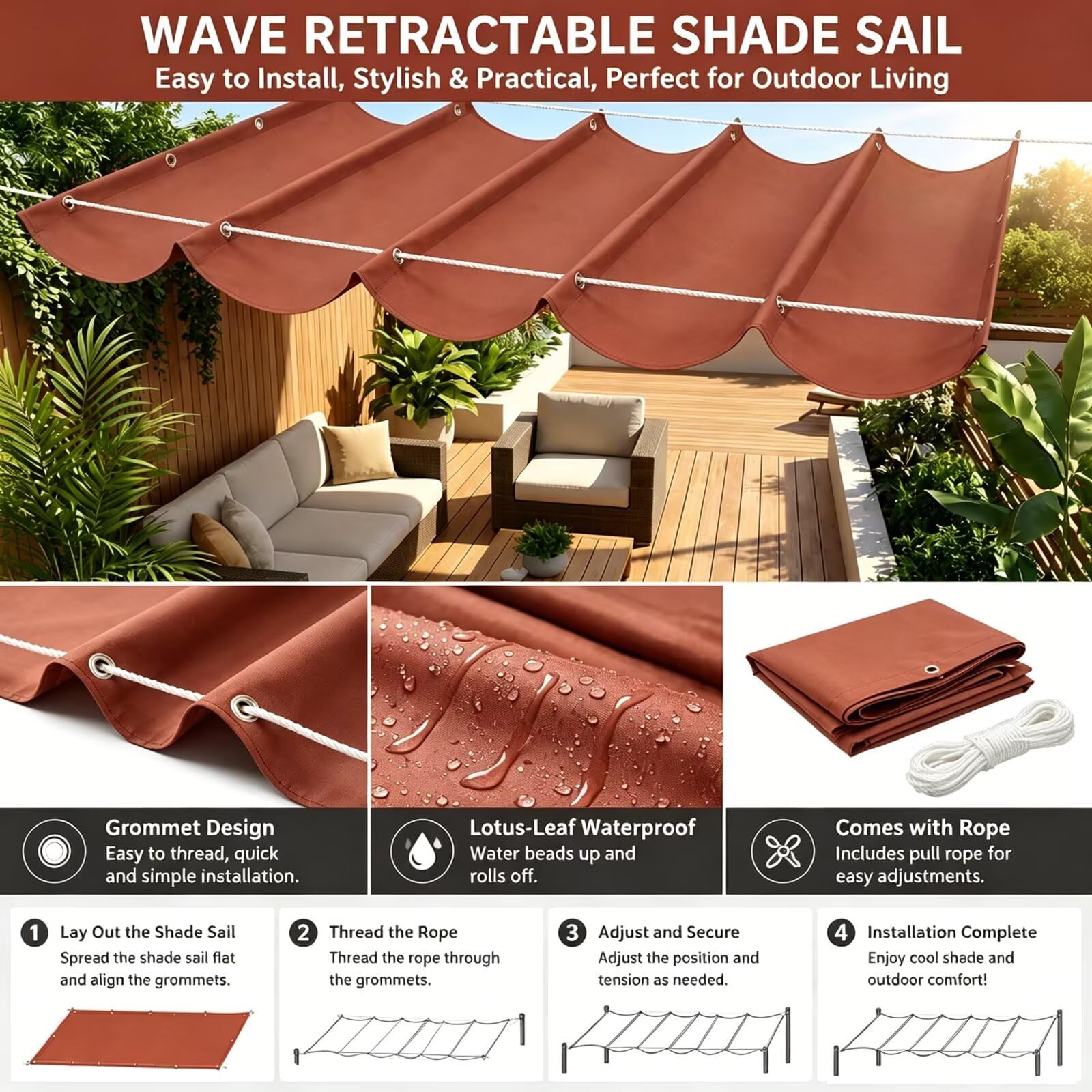 Tenda a Vela Parasole a Onda 400x500cm Tenda da Sole per Esterno Retrattile,Telo Parasole Tessuto Oxford Veranda Giardino Rosso ruggine
