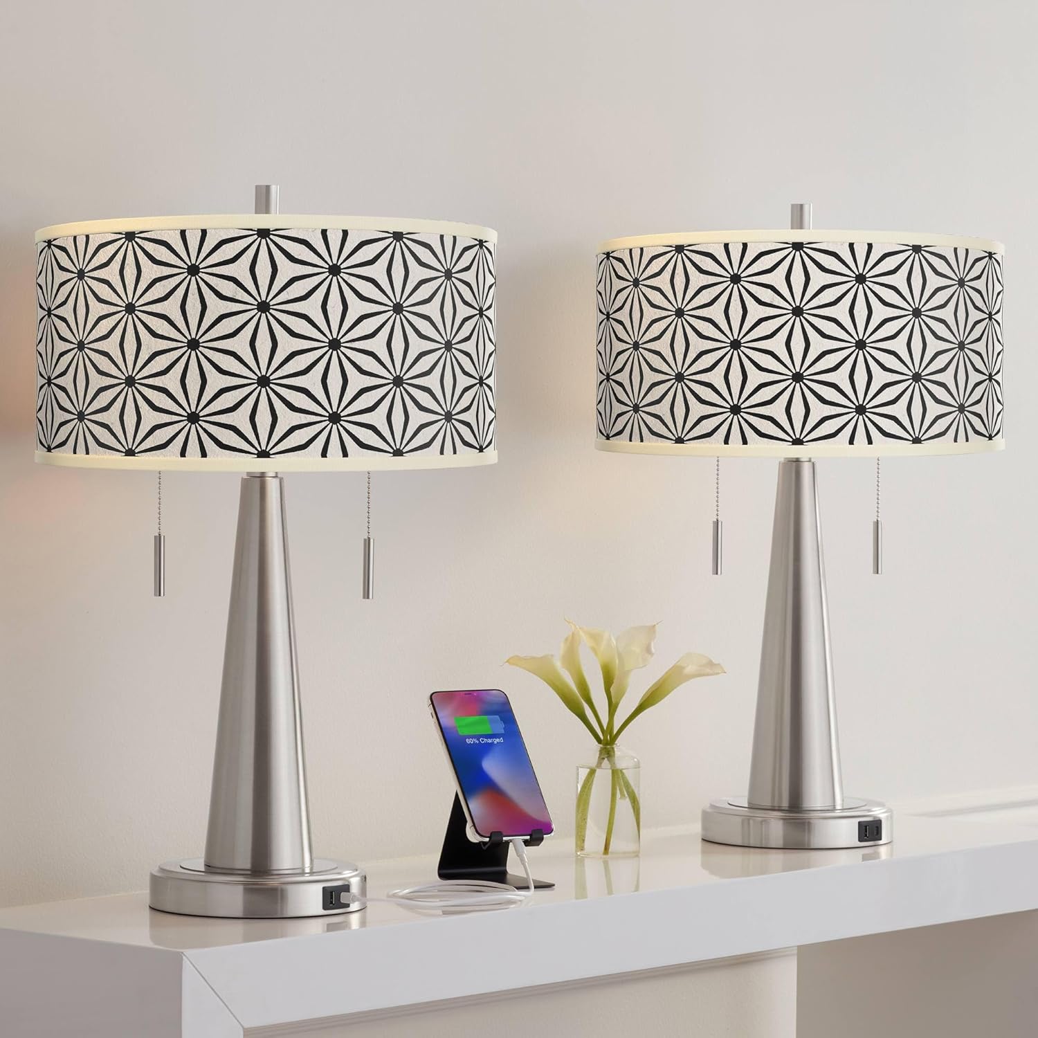 Kaleidoscope Flowers Vicki Brushed Nickel USB Table Lamp Set with Print Shade
