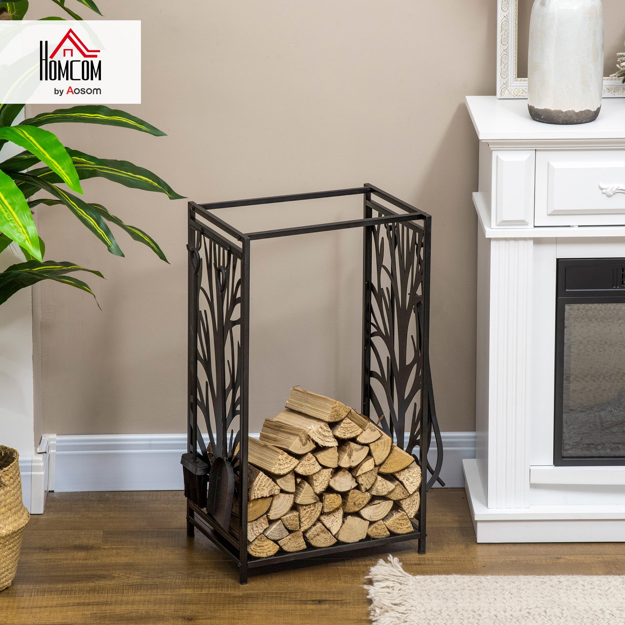 HOMCOM Estante para Leña Estantería de Almacenamiento para Chimenea Soporte para Leña con 4 Herramientas para Interior y Exterior 46x30x70 cm Carga 100 kg Negro
