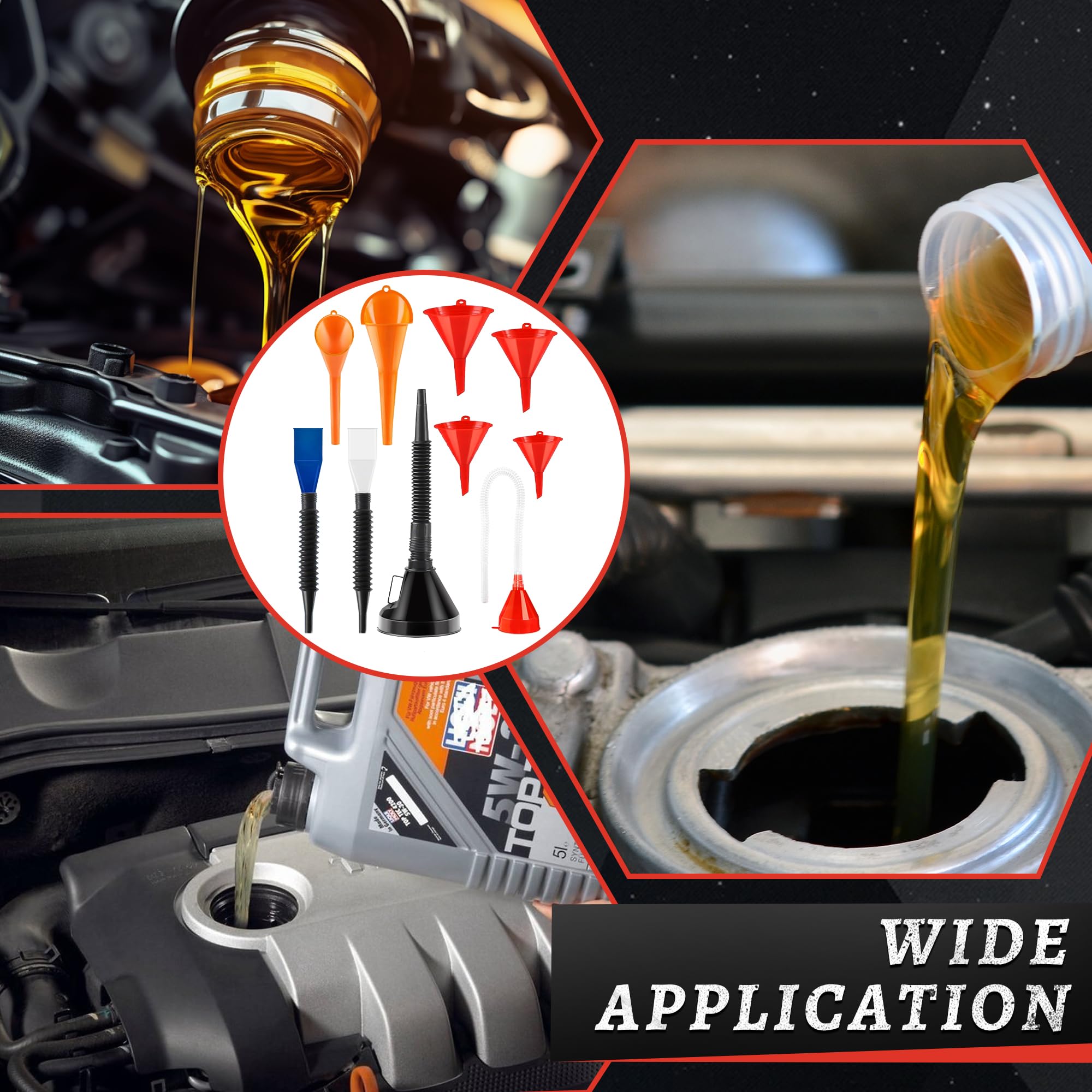 Juego de jarra de aceite de 5 cuartos y 10 embudos – Contenedor de medición de aceite con tapa y boquilla flexible, kit de embudo automotriz para automóviles, camiones, motocicletas