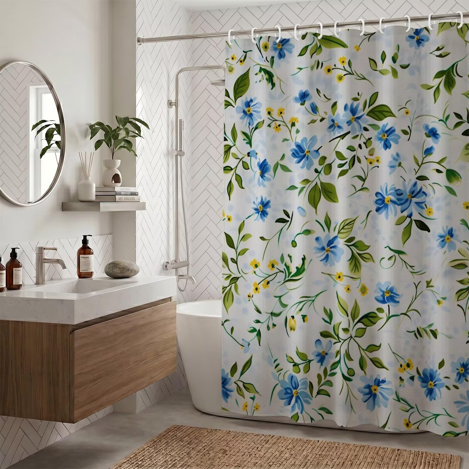 Rideau de douche floral en tissu polyester imperméable anti-moisissure