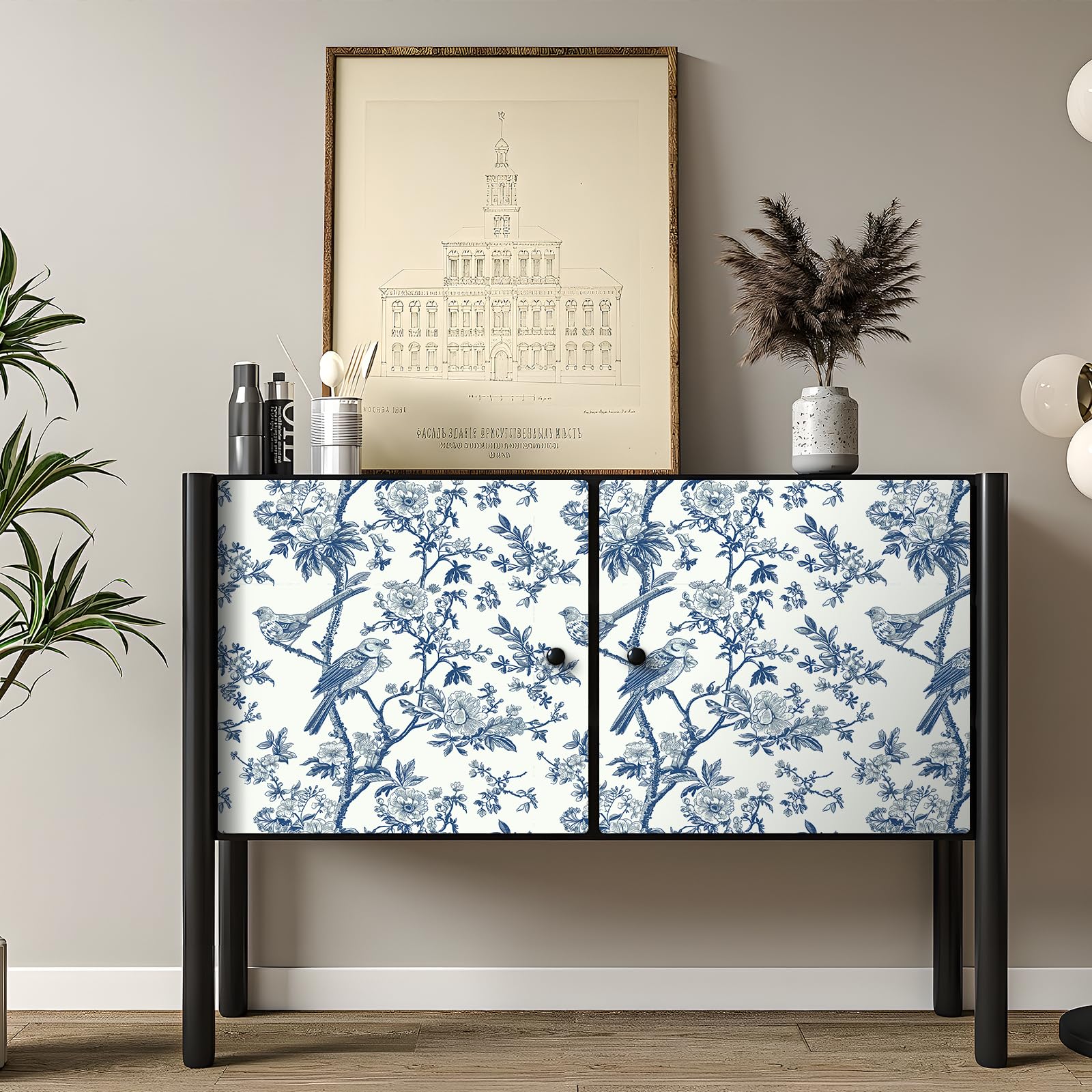 YENHOME Carta da Parati Adesiva Muro Soggiorno Modello Foglia di Uccellino 44.5×700cm Carta da Parati Vintage Autoadesiva Bianco Blu Uccellino Parato Adesivo per Parete Camera da Letto Impermeabile