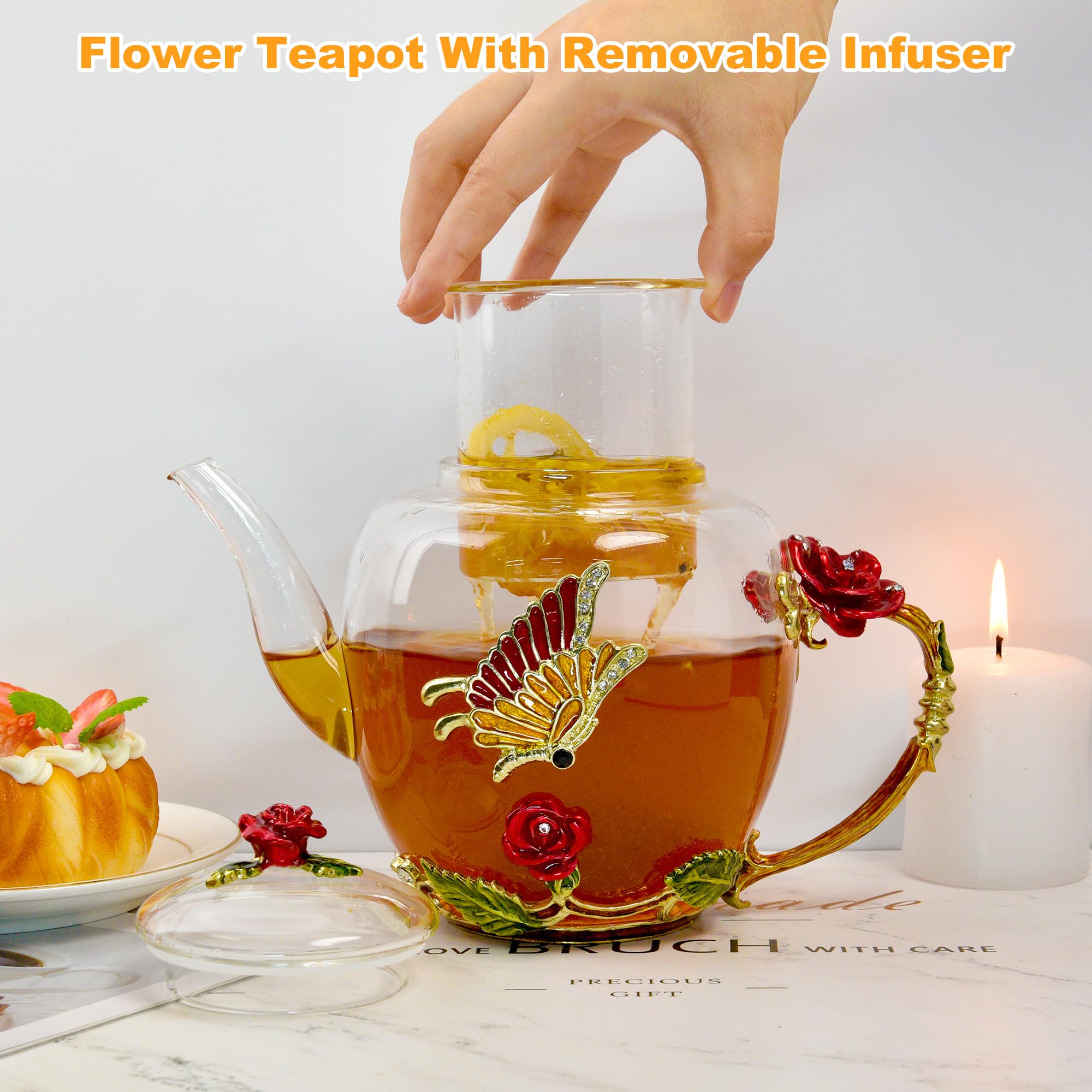 1300 ml große Emaille-Teekanne mit Teesieb, florale Glas-Teekanne mit roter Rose, Blume, Schmetterling, herausnehmbares Teesieb für blühenden Tee, losen Tee, Obsttee, Teebeutel
